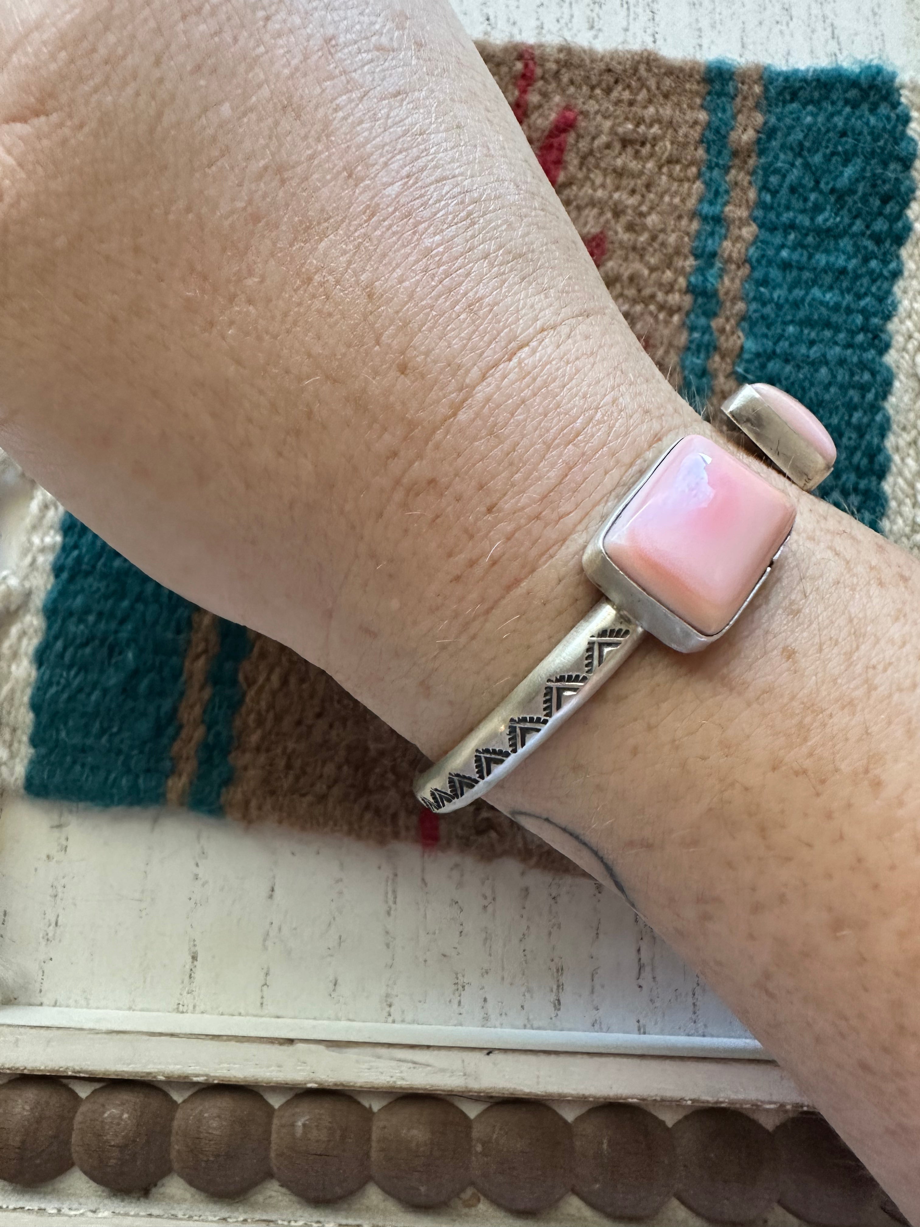 Navajo Queen Pink Conch Shell & Sterling Silver Double Stone Cuff Bracelet