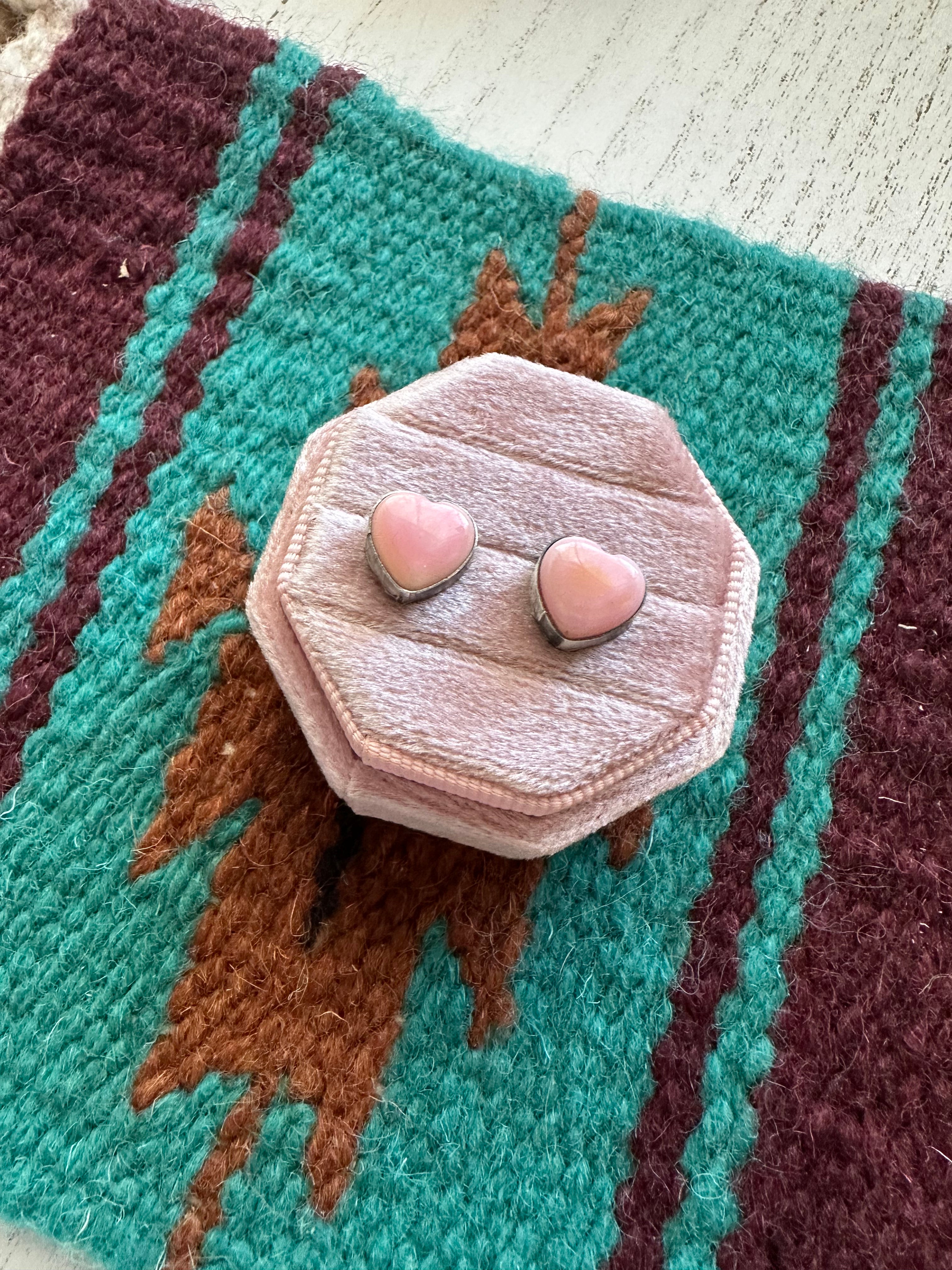 Navajo Queen Pink Conch & Sterling Silver Heart Stud Earrings