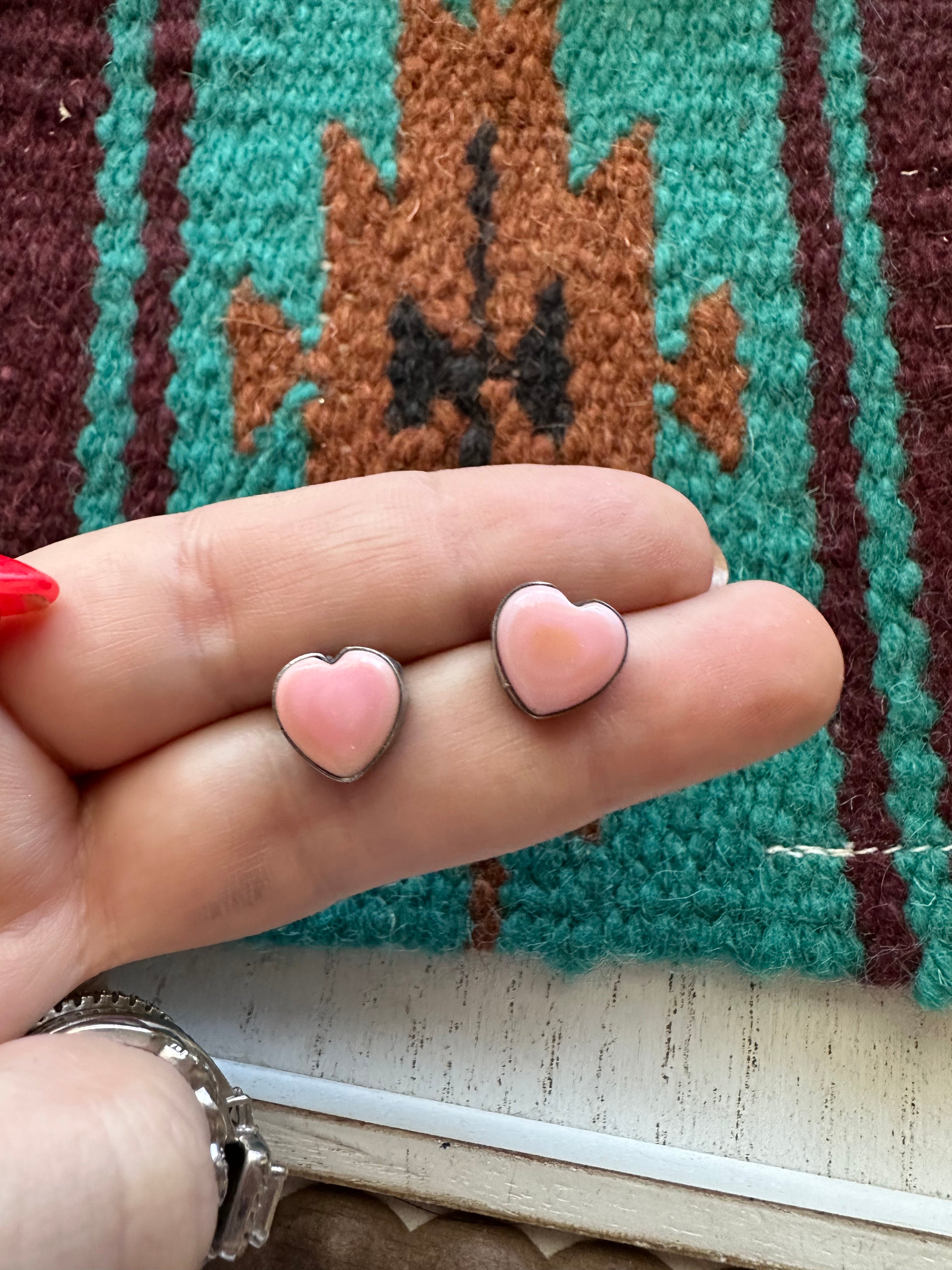 Navajo Queen Pink Conch & Sterling Silver Heart Stud Earrings