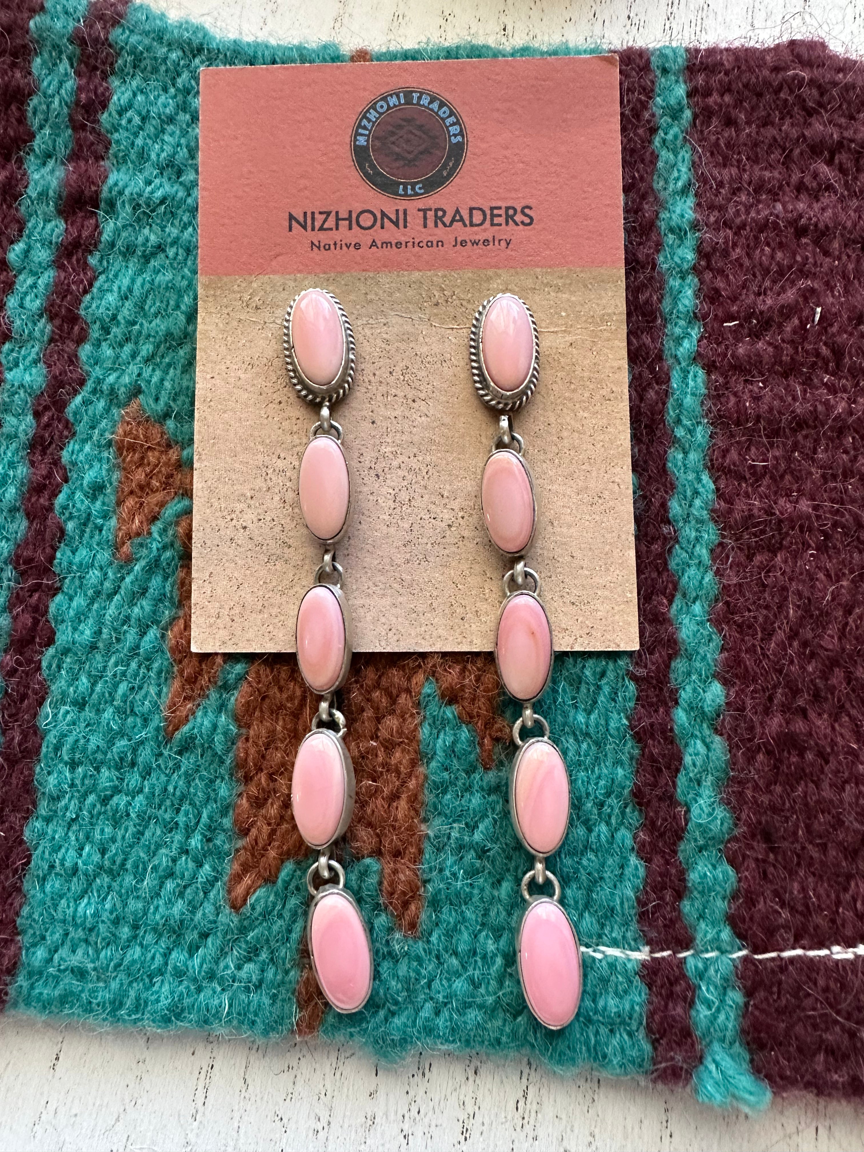 Navajo Queen Pink Conch & Sterling Silver Dangle Earrings Signed Marcella James