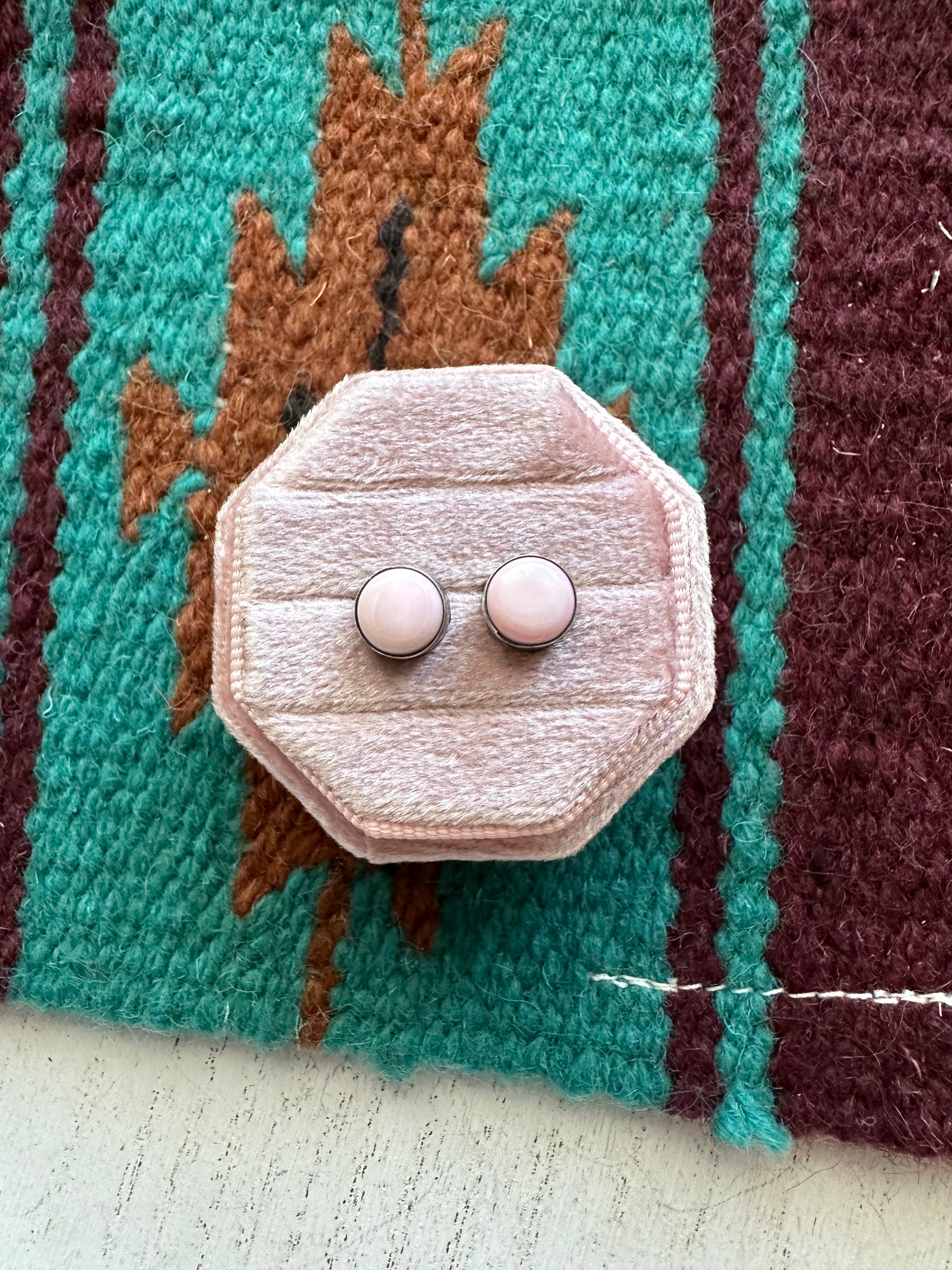 Navajo Queen Pink Conch & Sterling Silver Circle Stud Earrings