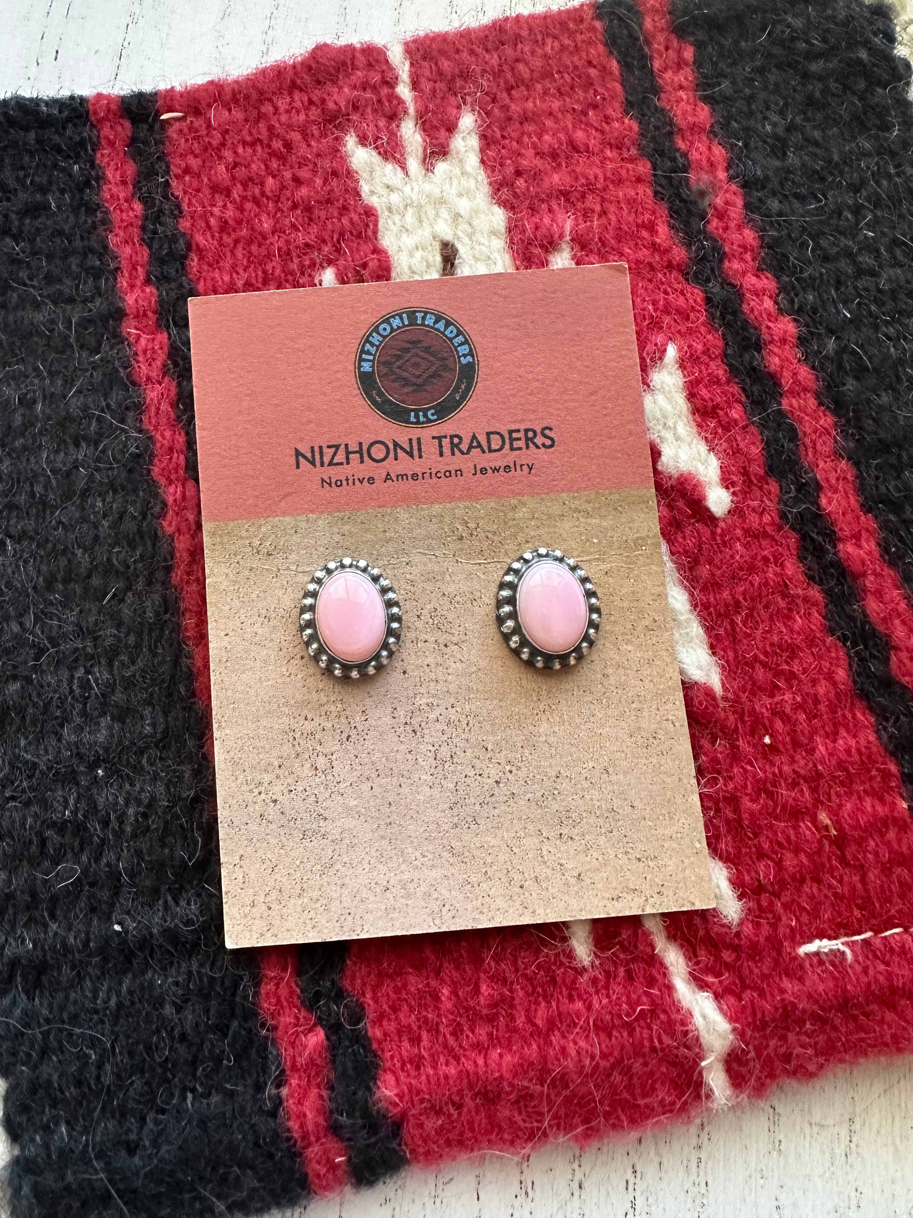 Navajo Queen Pink Conch & Sterling Silver Studded Border Oval Earrings Signed J Frank