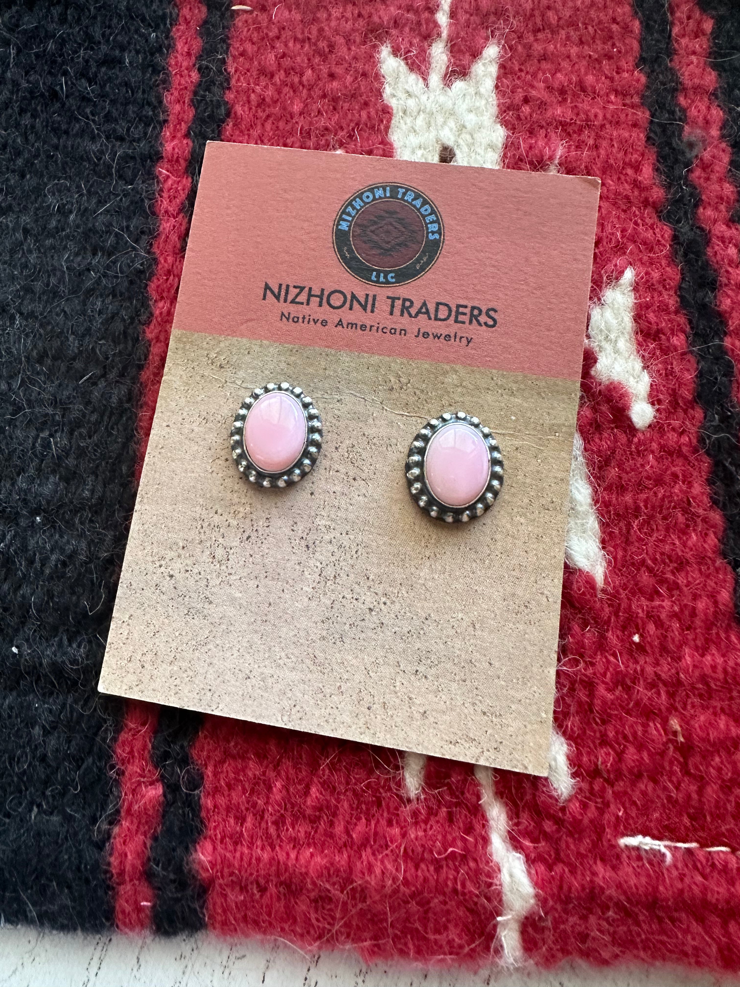 Navajo Queen Pink Conch & Sterling Silver Studded Border Oval Earrings Signed J Frank