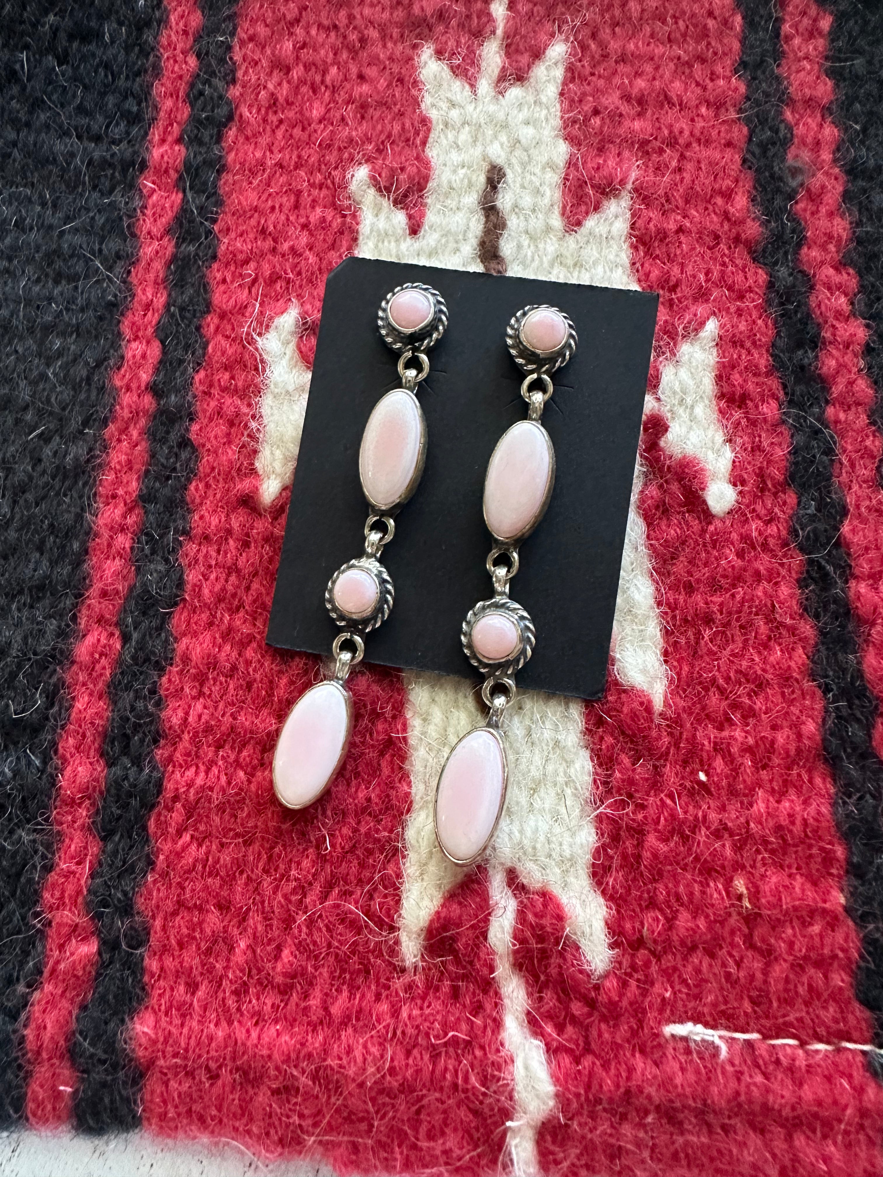 Navajo Pink Conch and Sterling Silver 4 Stone Dangle Earrings Signed