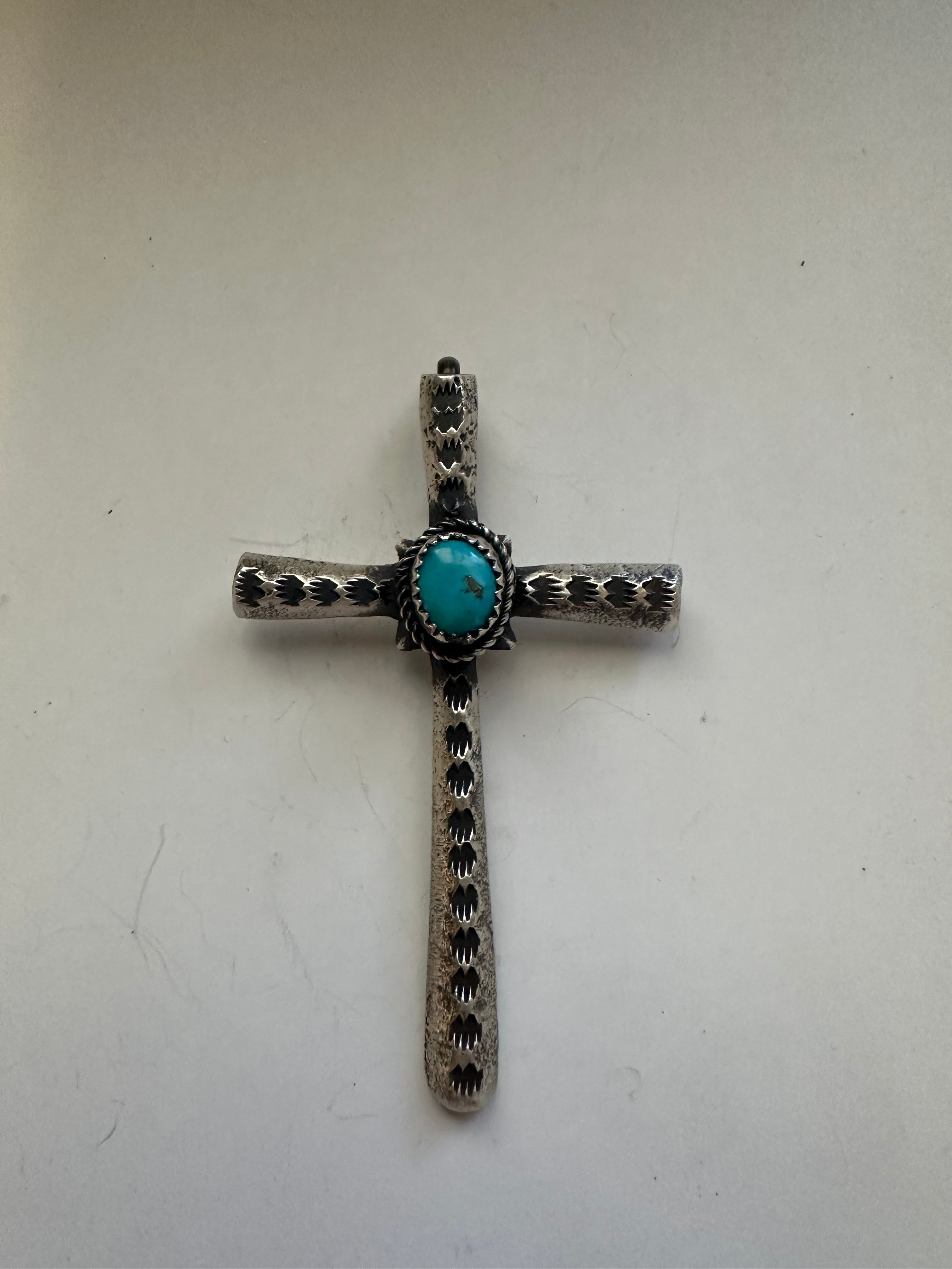 Beautiful Navajo Turquoise & Sterling Silver Cross Pendant Signed Richard Yazzie