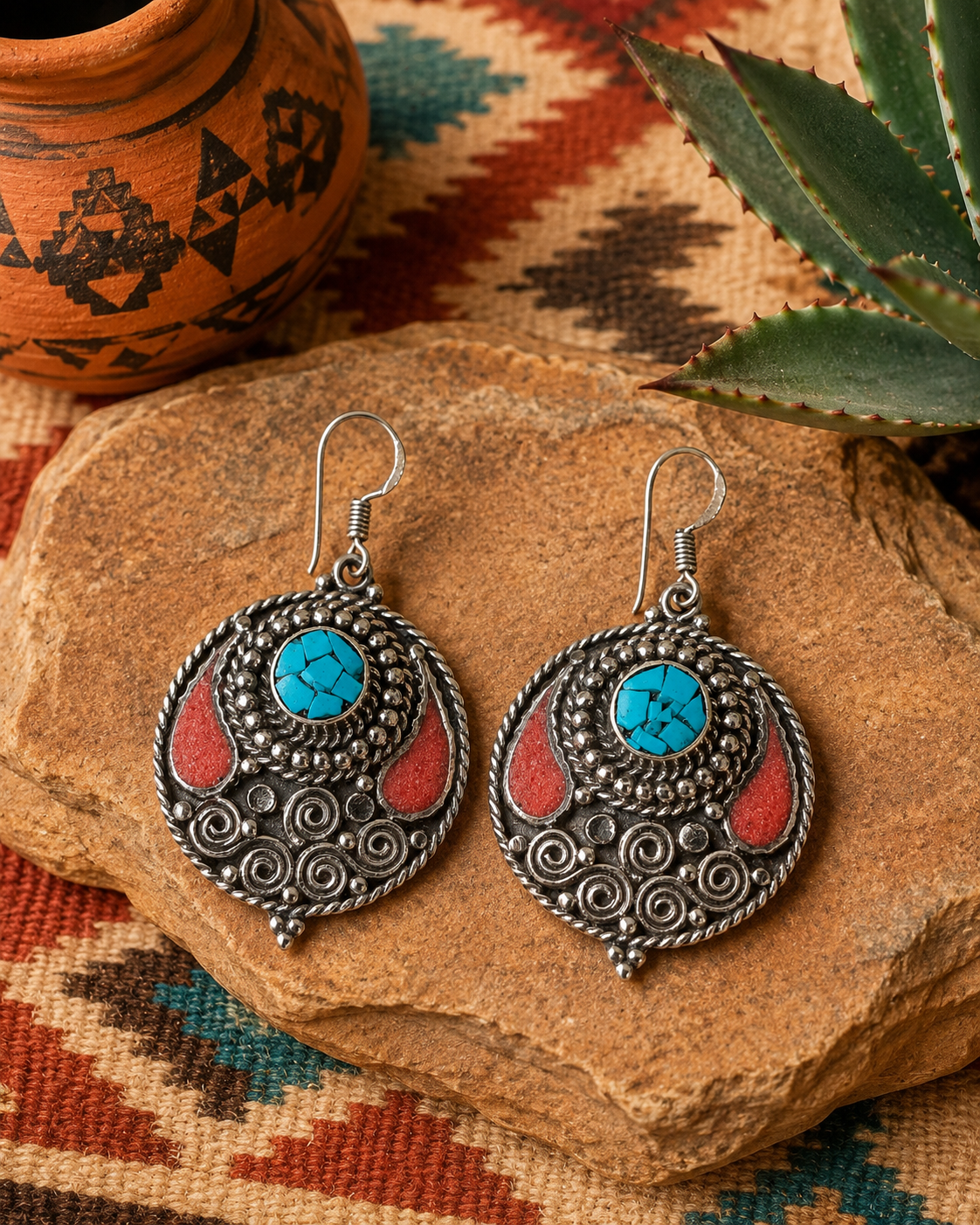 Turquoise Mosaic & Coral Drop Earrings – Southwest Artisan Statement