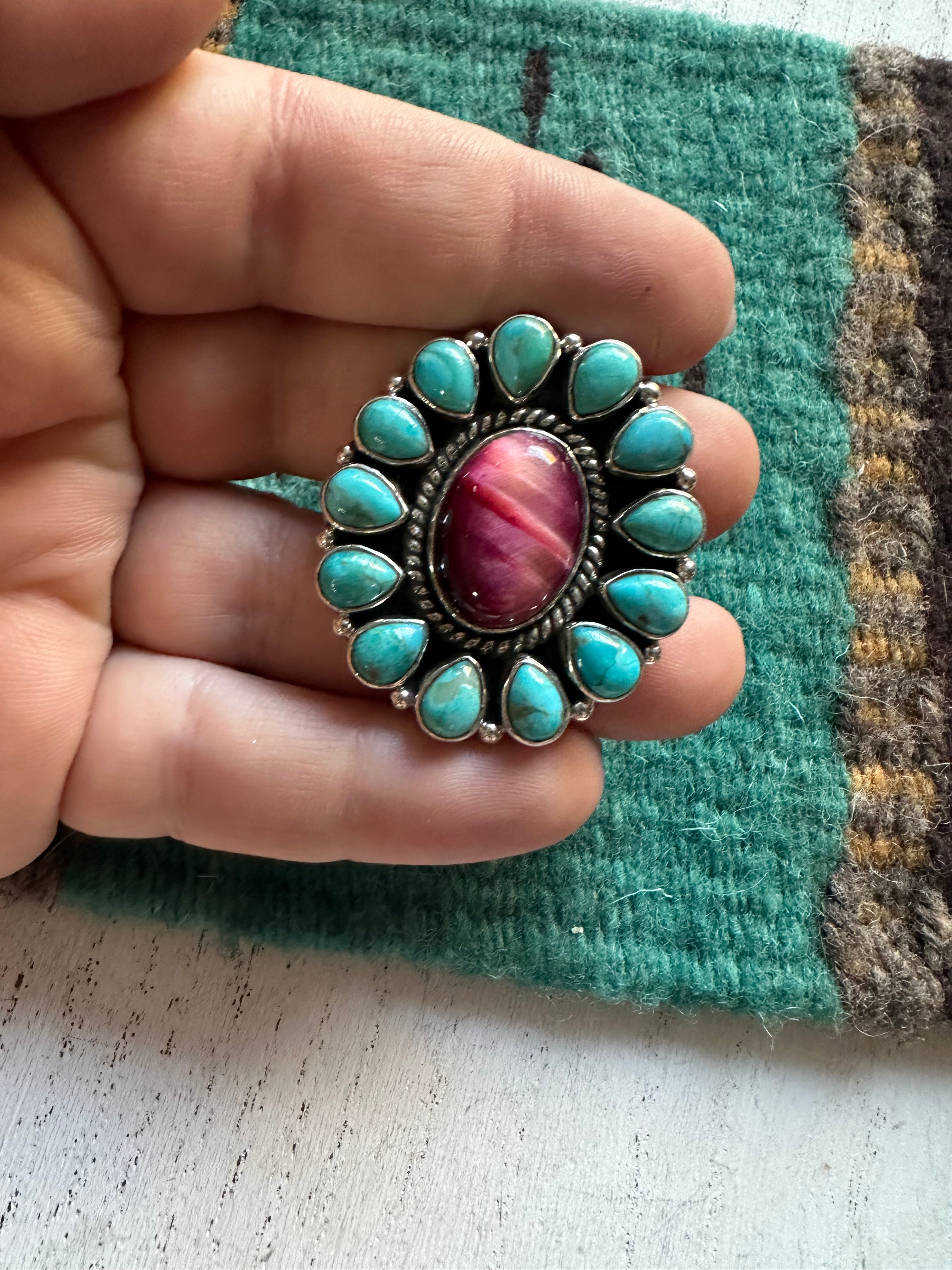 Beautiful Handmade Turquoise, Pink Tigers Eye And Sterling Silver Adjustable Ring Signed Nizhoni