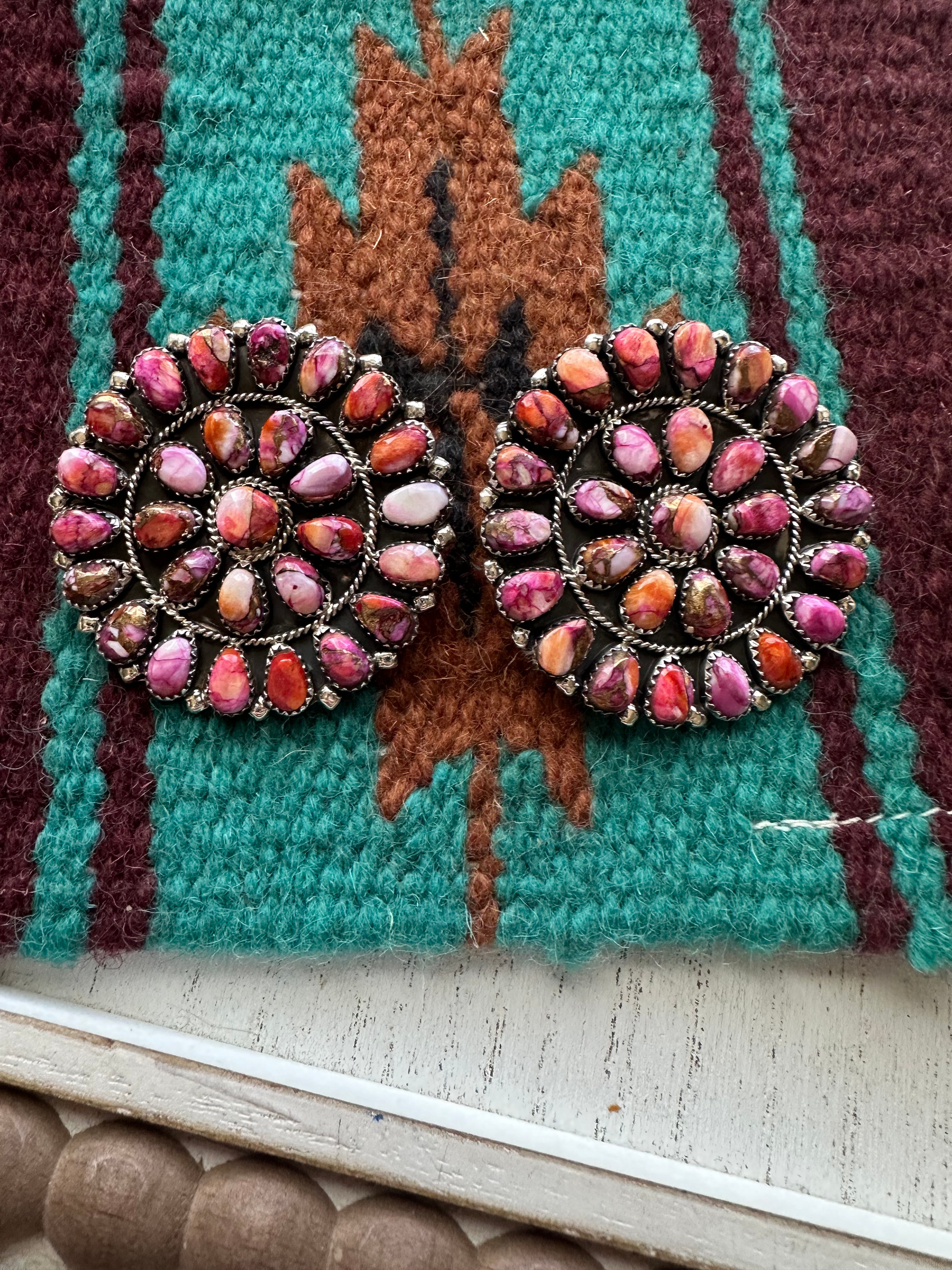 Navajo Pink Dream & Sterling Silver Cluster Post Earrings Signed