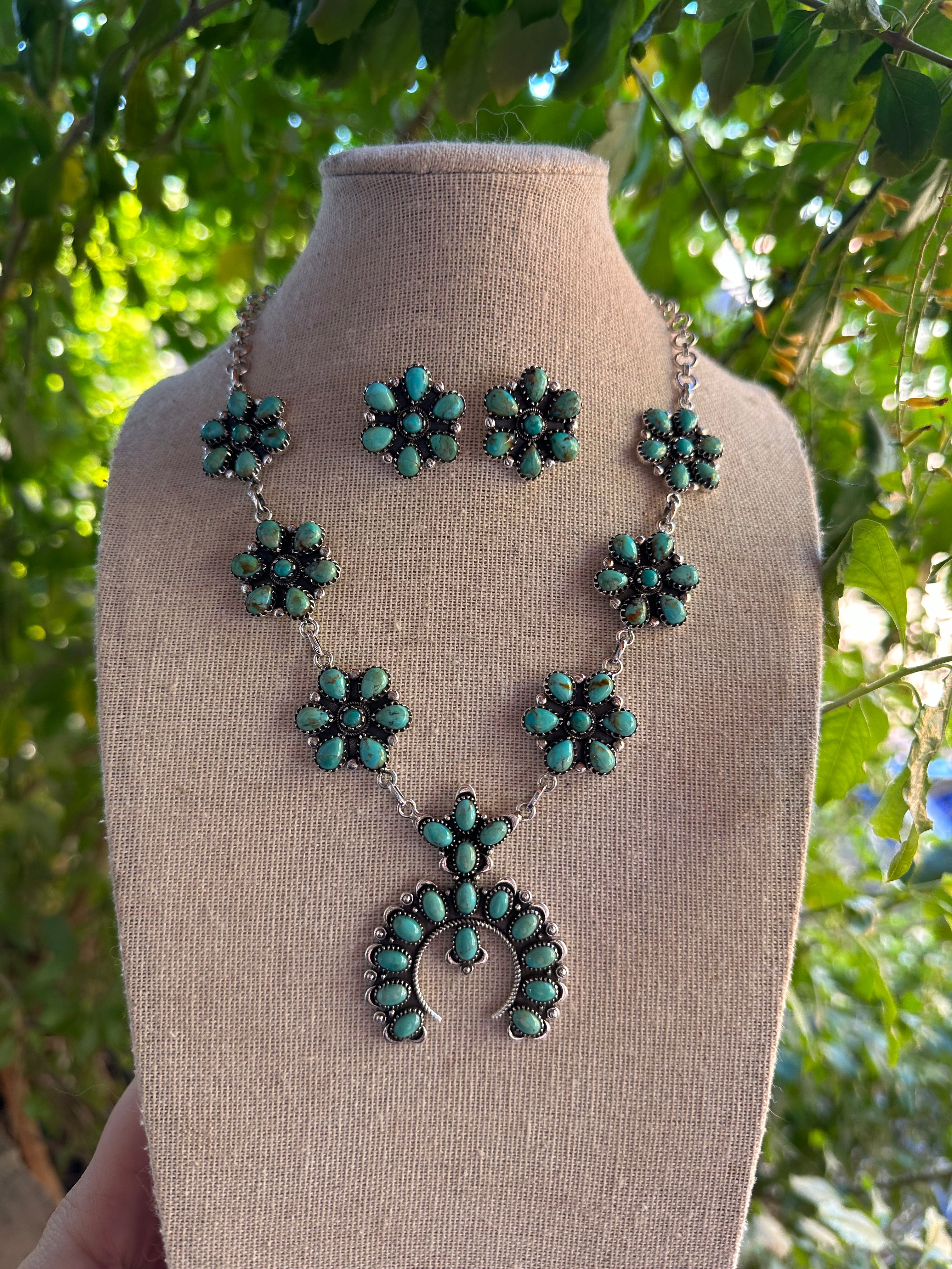 “The Wild West” Handmade Turquoise & Sterling Silver Naja Necklace & Earring Set Signed Nizhoni