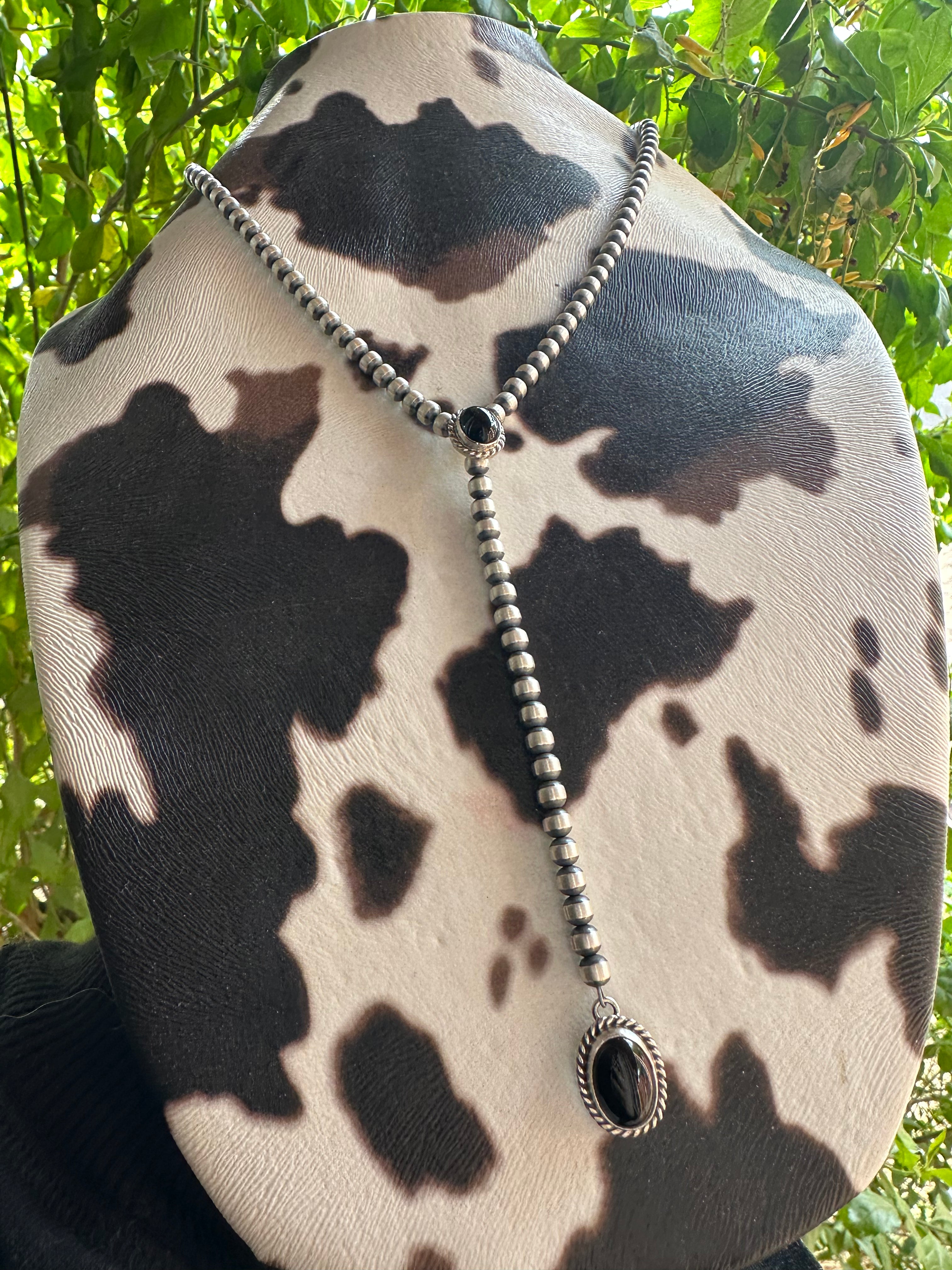 Navajo Onyx & Sterling Silver Lariat Necklace Signed