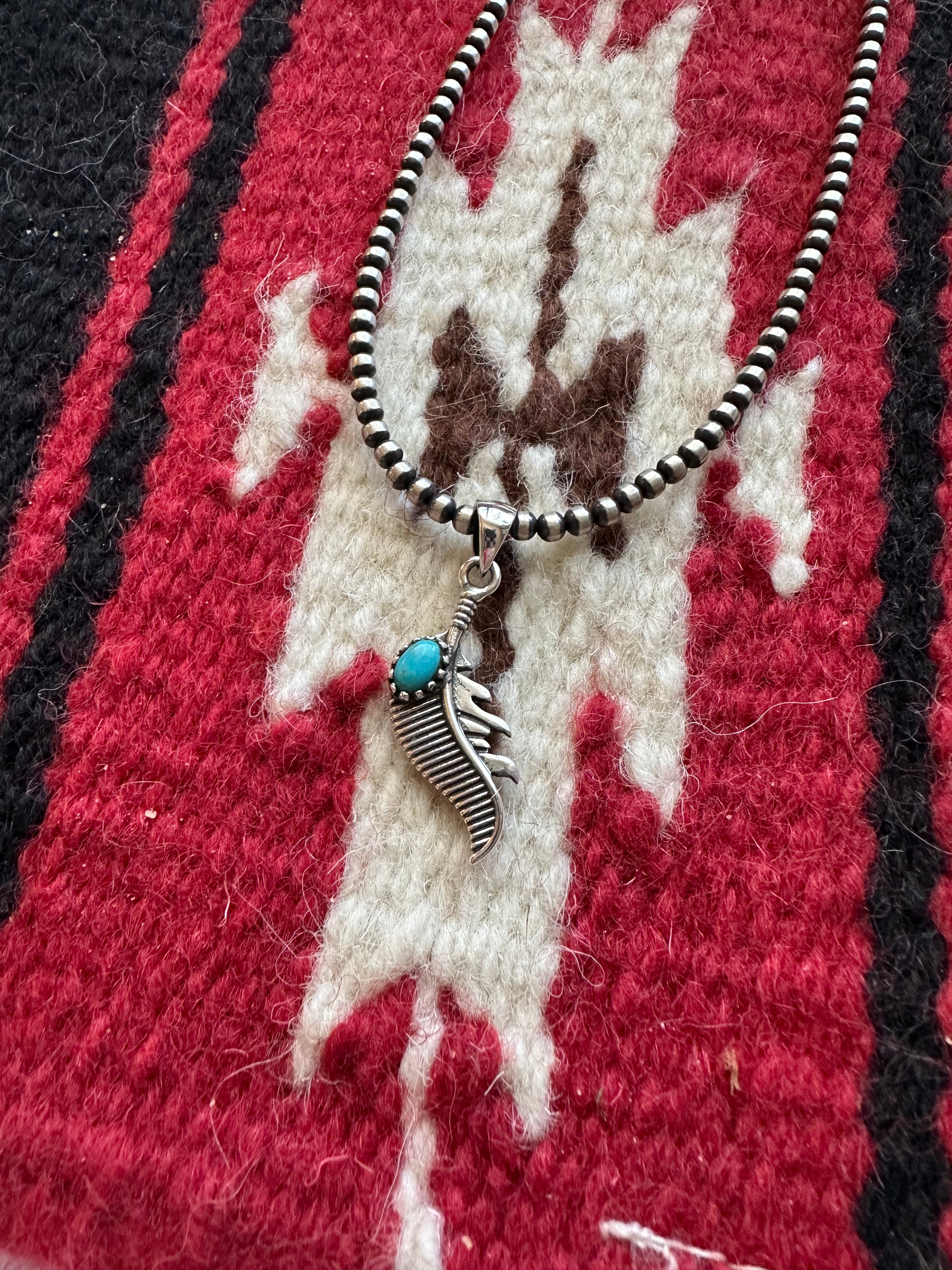 Nizhoni Turquoise & Sterling Silver Feather Pendant Signed Nizhoni