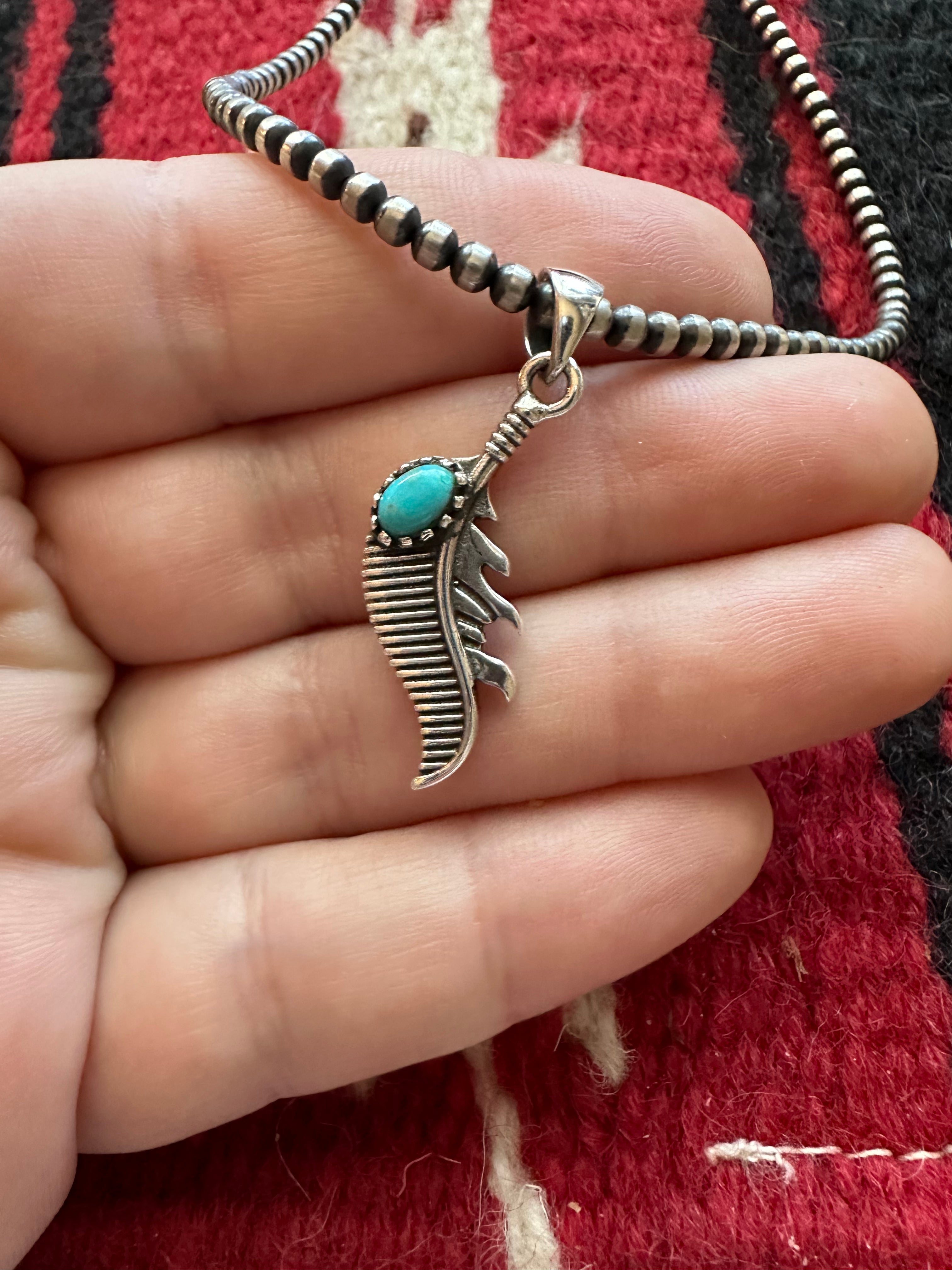 Nizhoni Turquoise & Sterling Silver Feather Pendant Signed Nizhoni