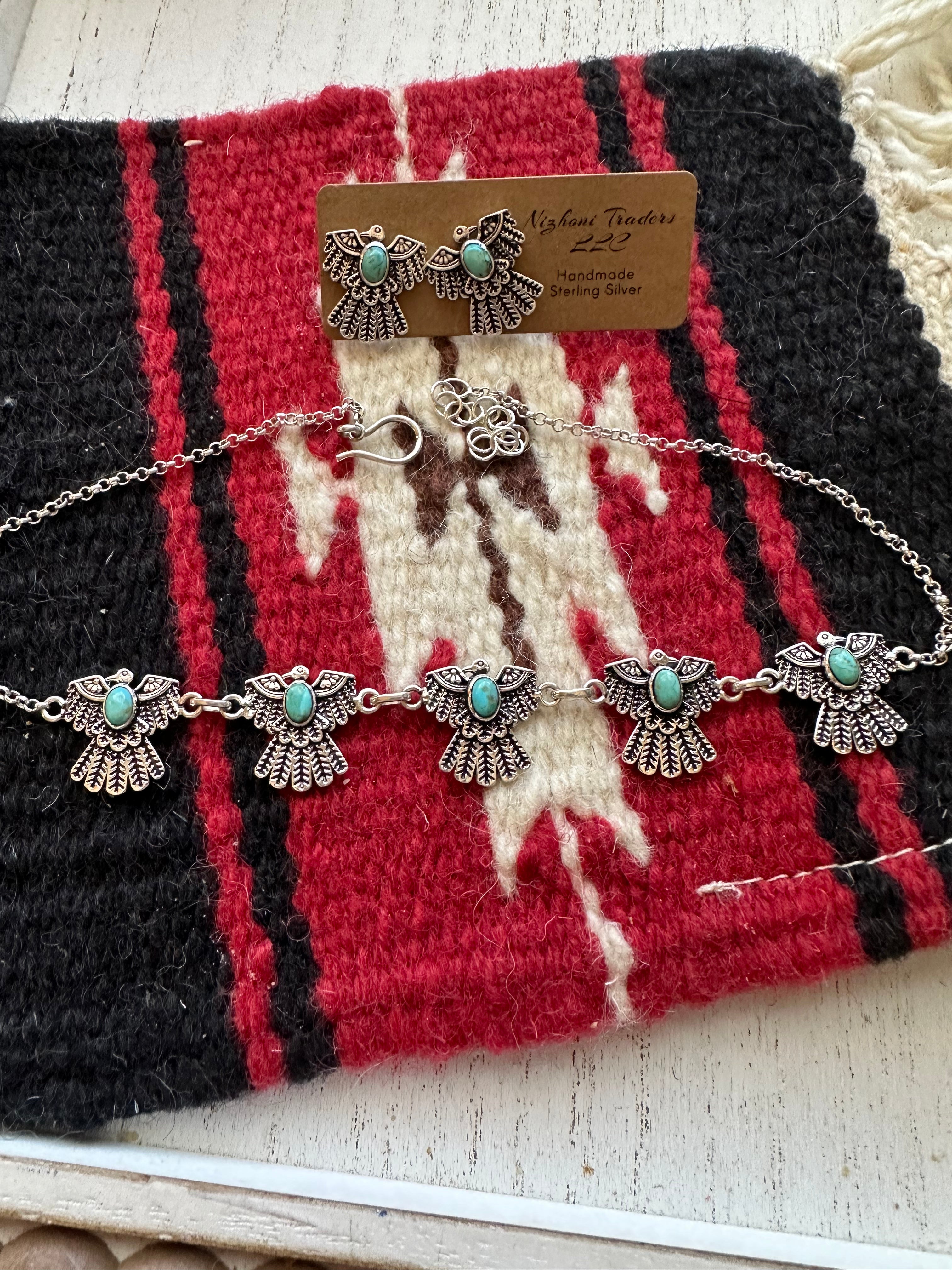 Handmade Sterling Silver & Turquoise Thunderbird Necklace Earrings Set Signed Nizhoni