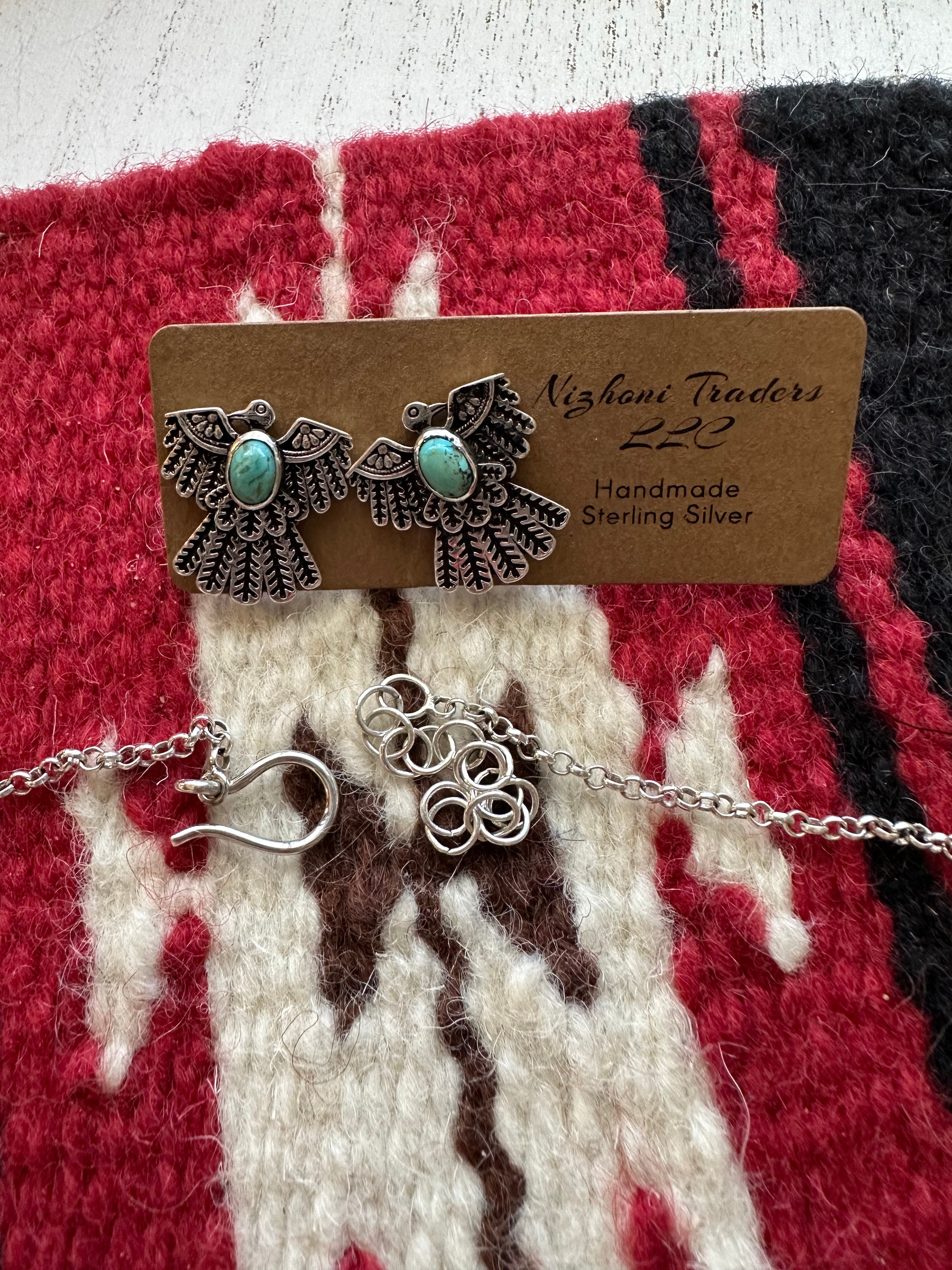 Handmade Sterling Silver & Turquoise Thunderbird Necklace Earrings Set Signed Nizhoni