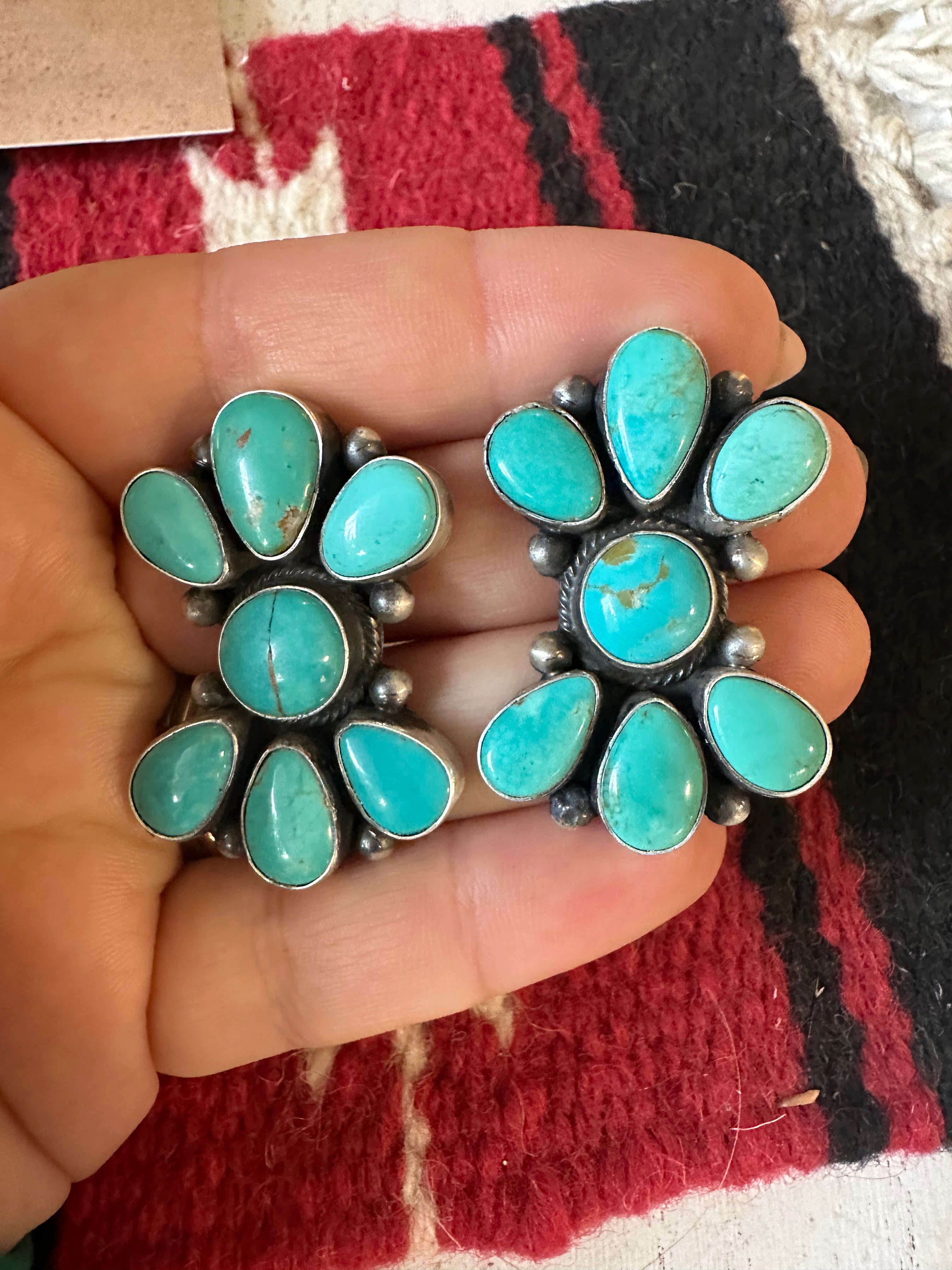 “End of the Year” Navajo Sterling Silver & Turquoise Cluster Earrings Signed