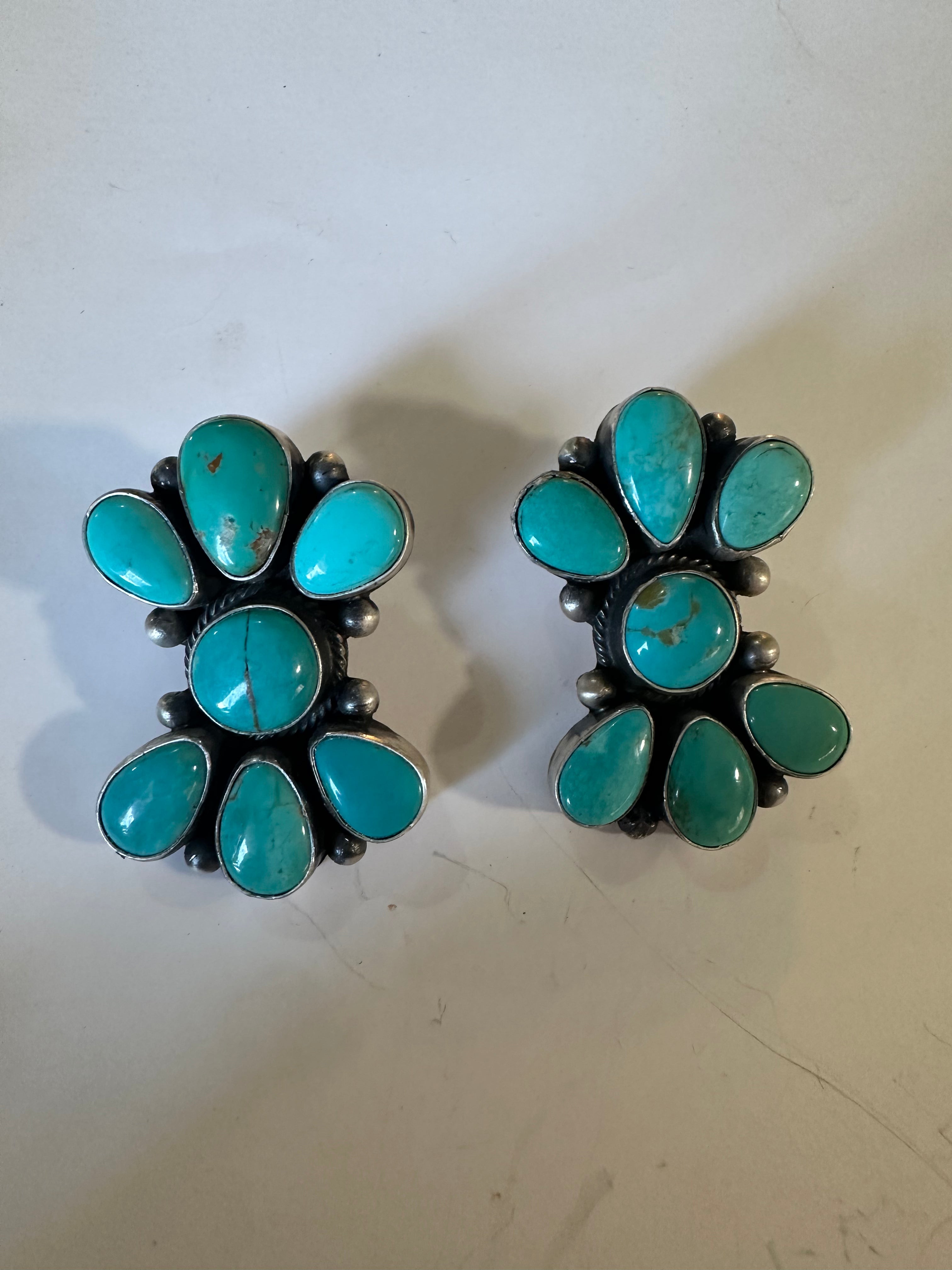 “End of the Year” Navajo Sterling Silver & Turquoise Cluster Earrings Signed