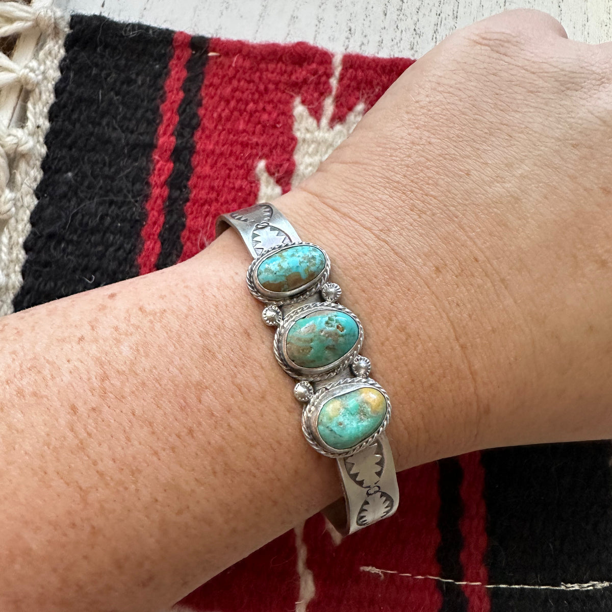 Handcrafted Turquoise & Sterling Silver 3 Stone Adjustable Cuff Bracel