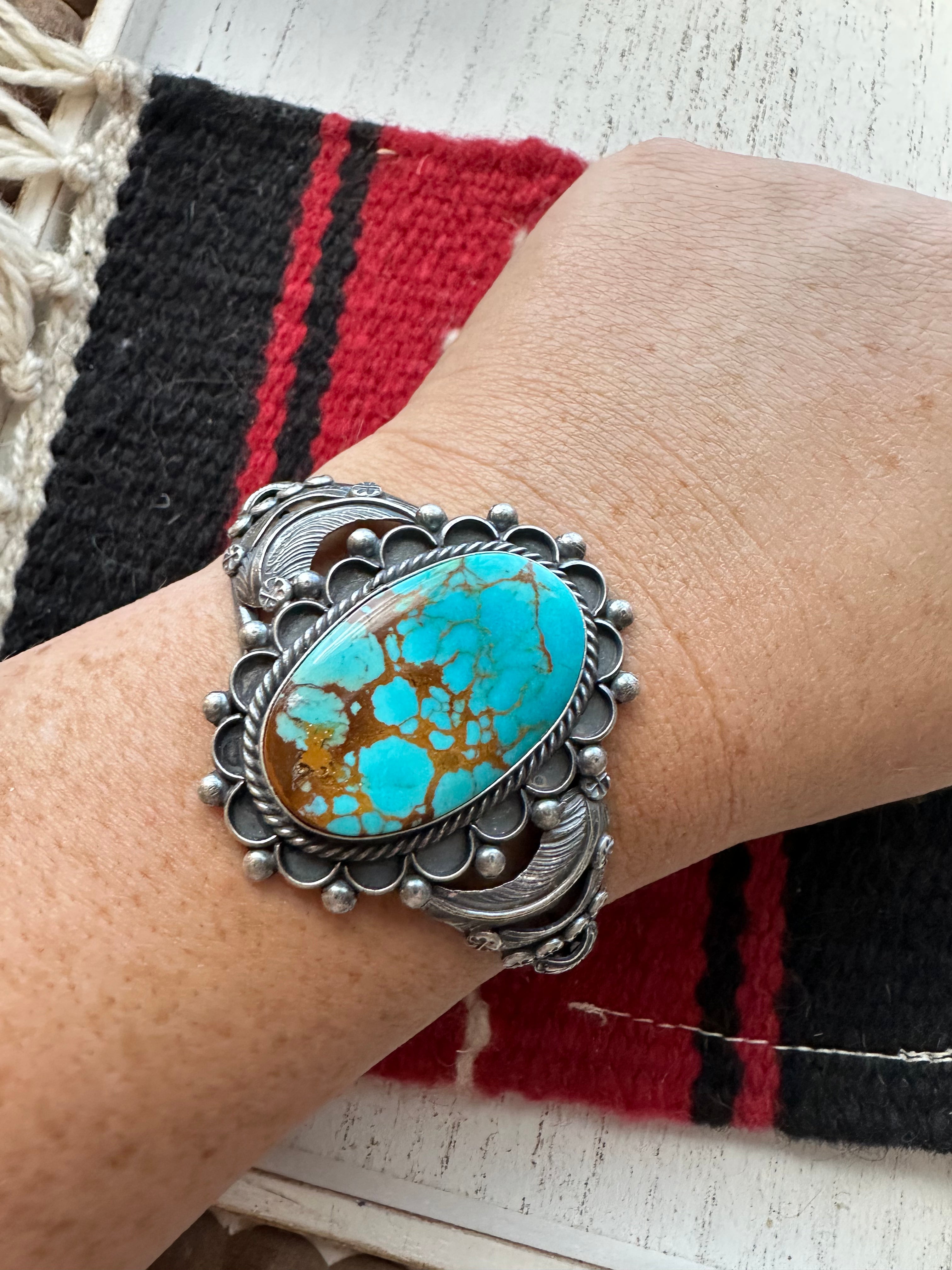 OLD PAWN Navajo Sterling Silver & Turquoise Cuff Bracelet By Jacquline Silver