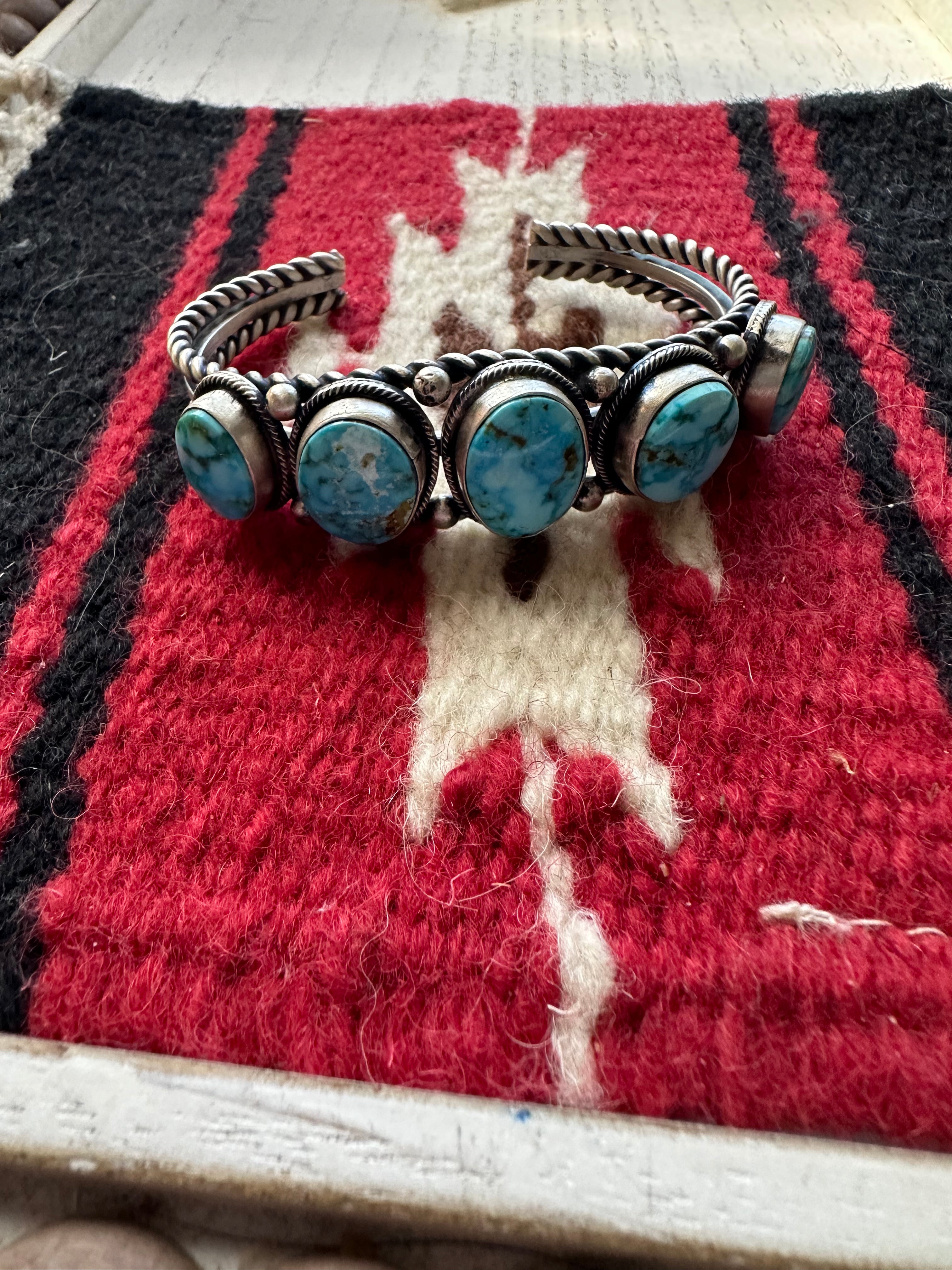 Navajo Sterling Silver & Turquoise 5 Stone Cuff Bracelet By B Johnson