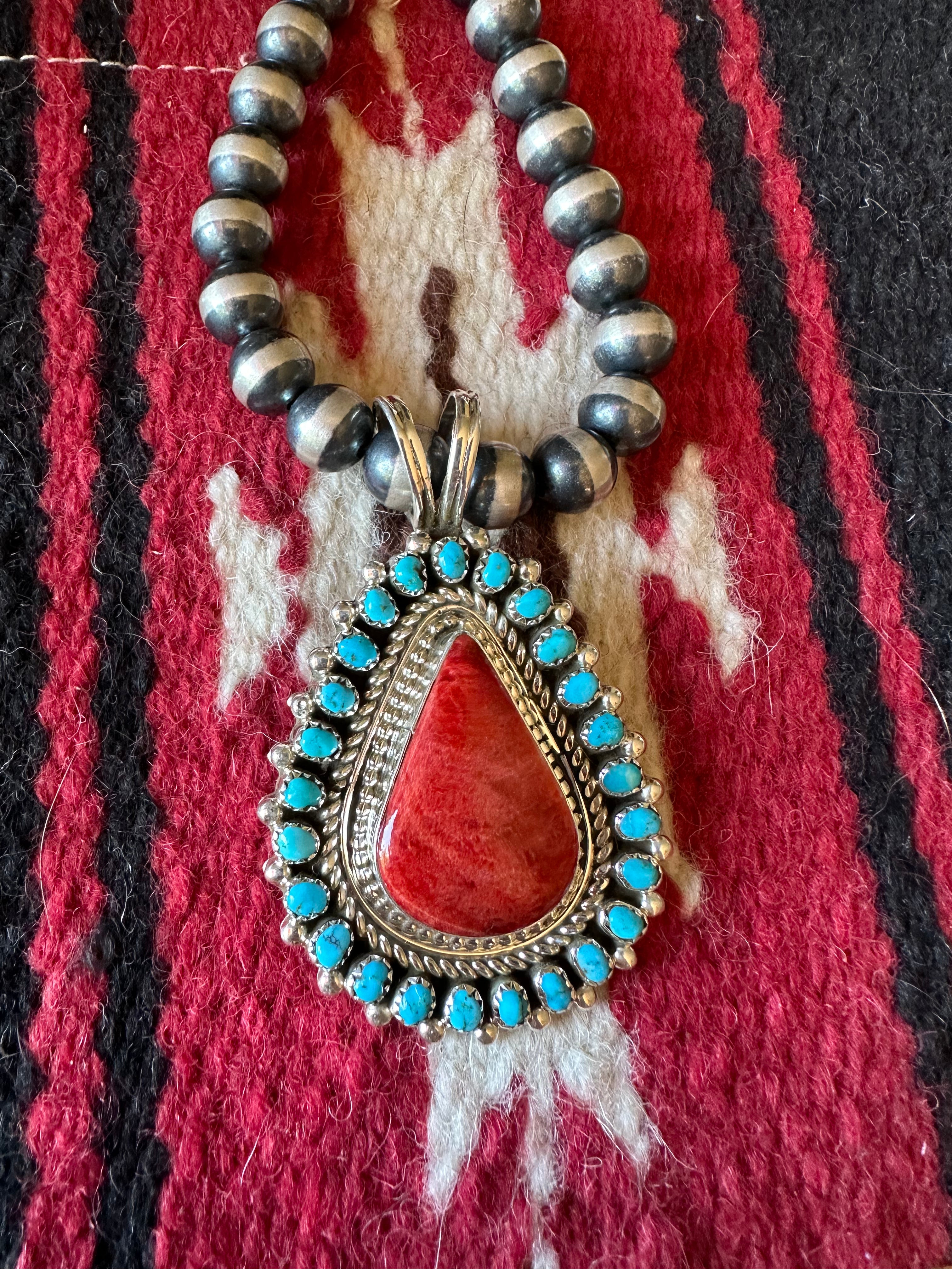 Navajo Sterling Silver Spiny Oyster And Turquoise Pendant Signed