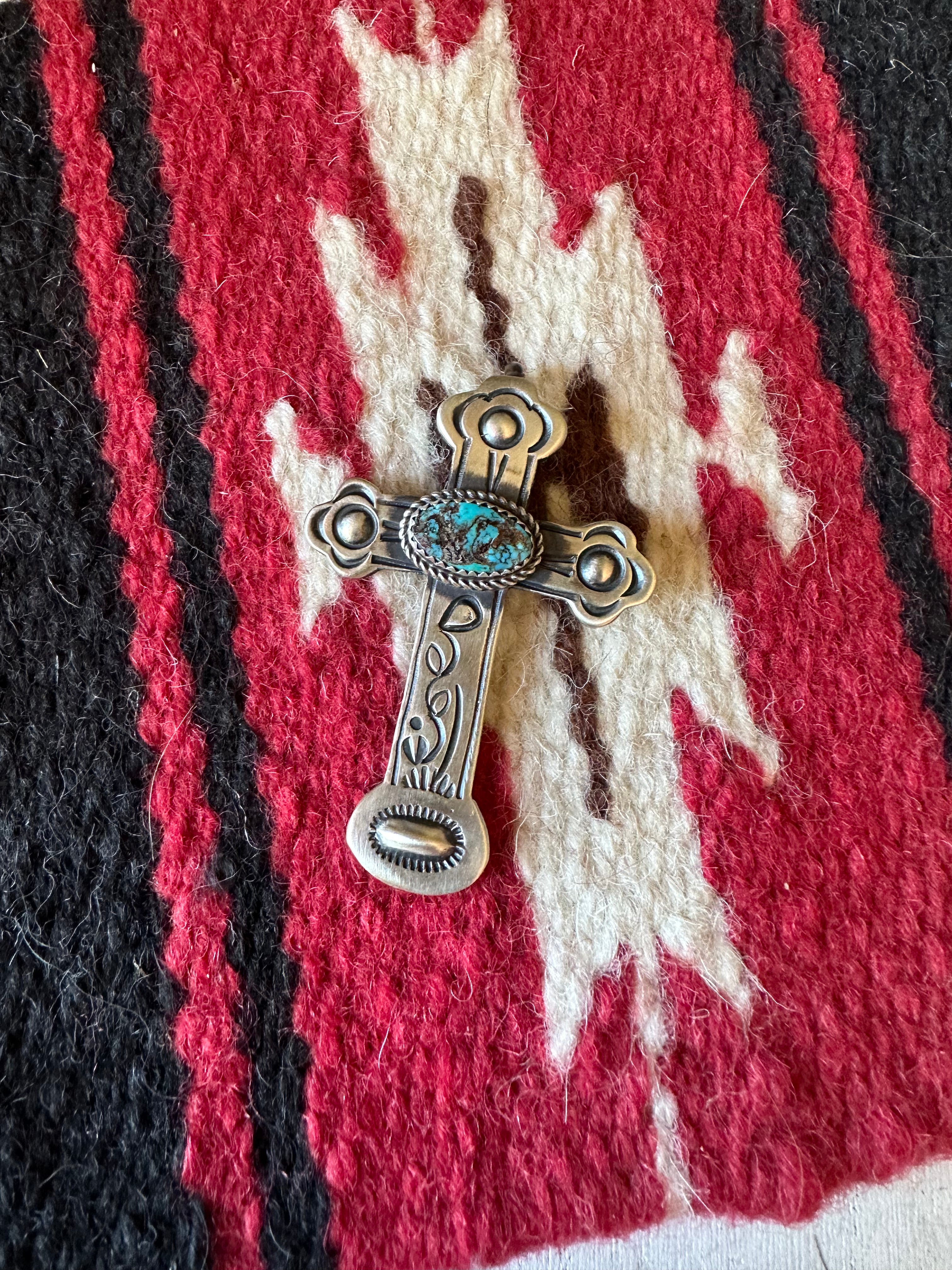 Beautiful Navajo Turquoise & Sterling Silver Cross Pendant Signed