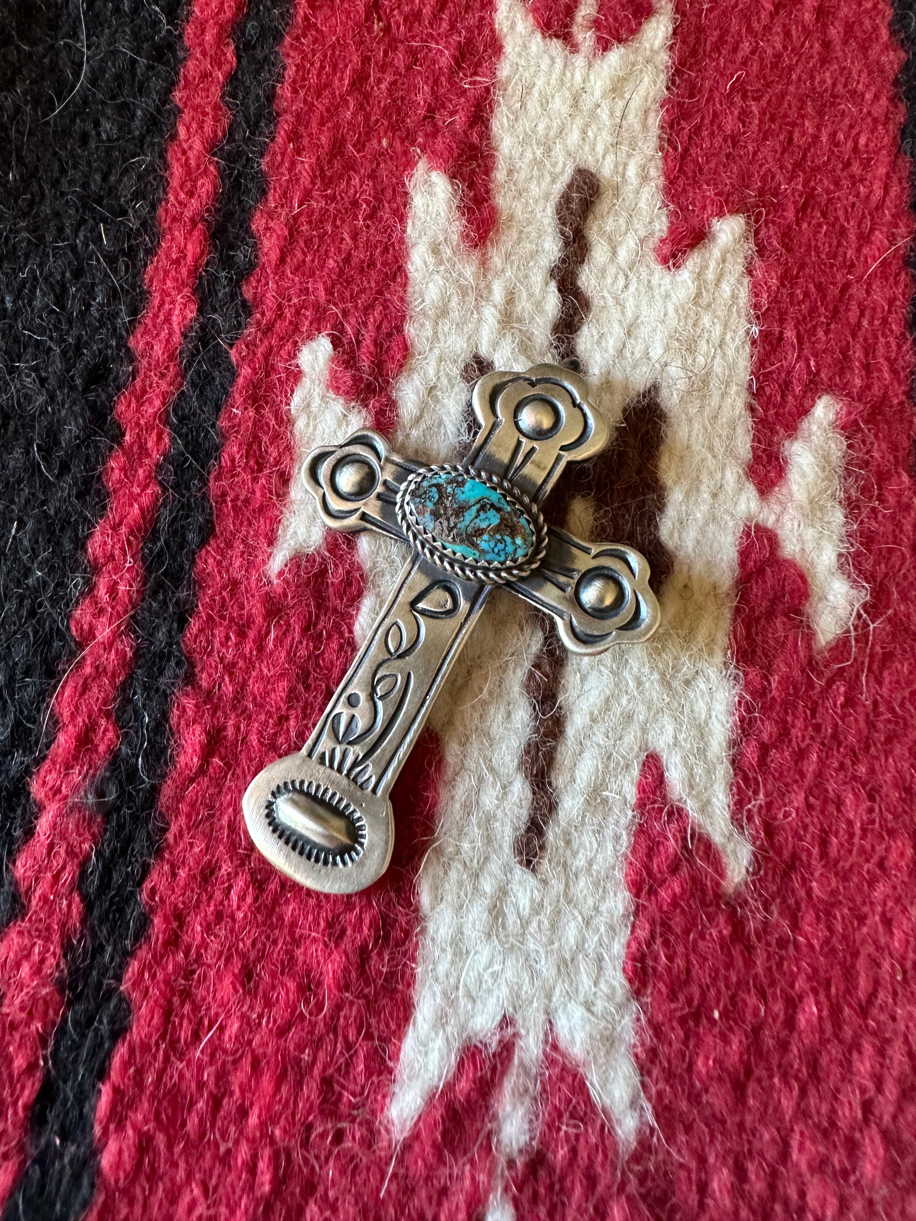 Beautiful Navajo Turquoise & Sterling Silver Cross Pendant Signed