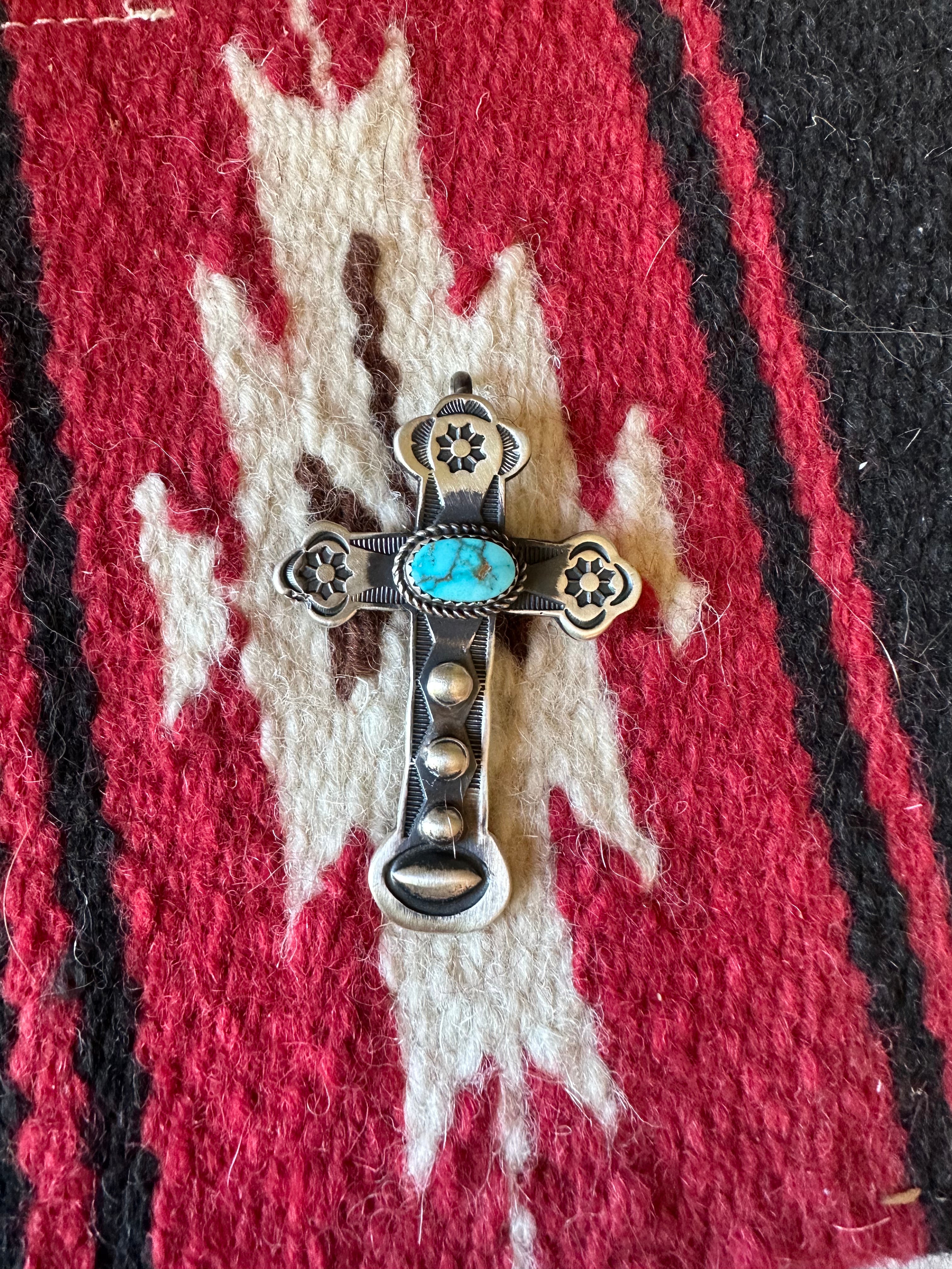 Beautiful Navajo Turquoise & Sterling Silver Cross Pendant Signed