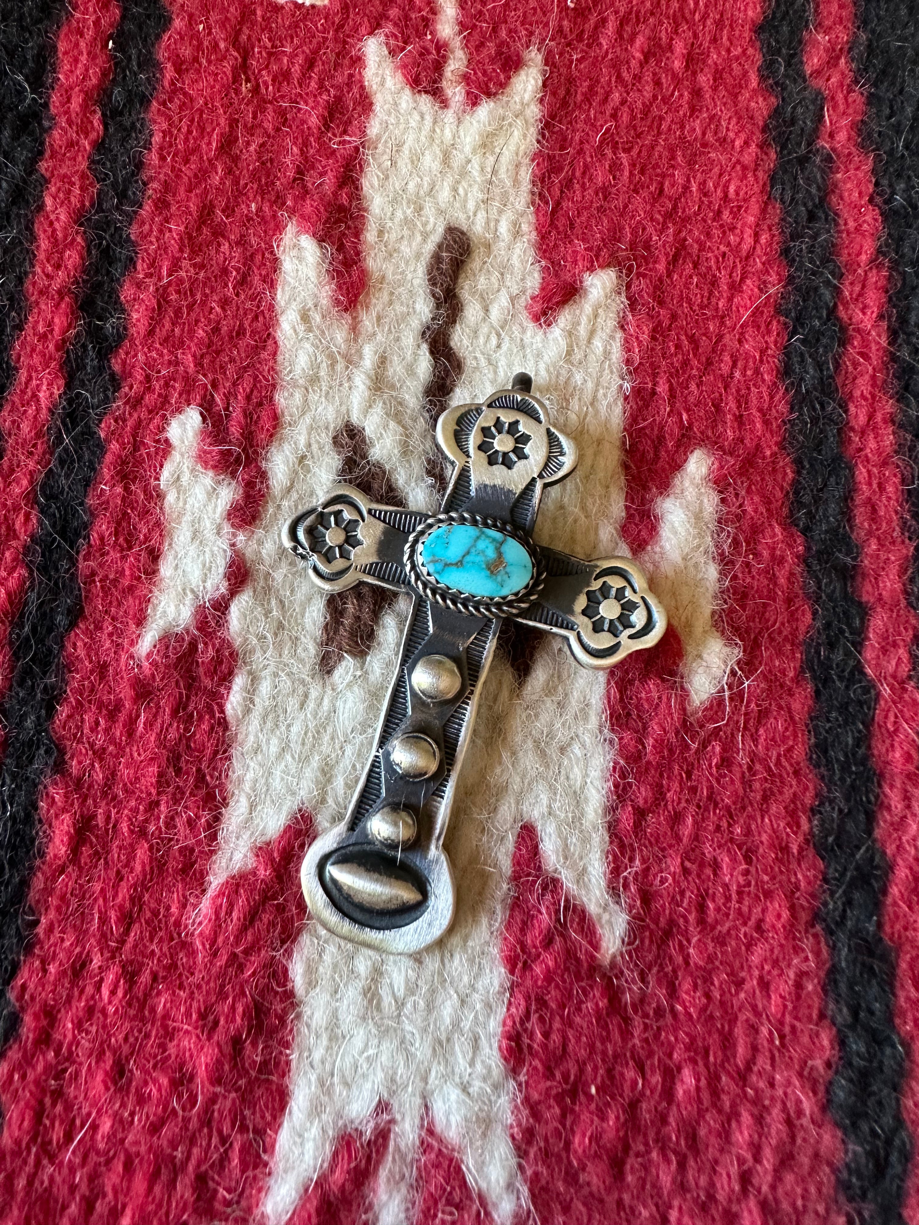 Beautiful Navajo Turquoise & Sterling Silver Cross Pendant Signed