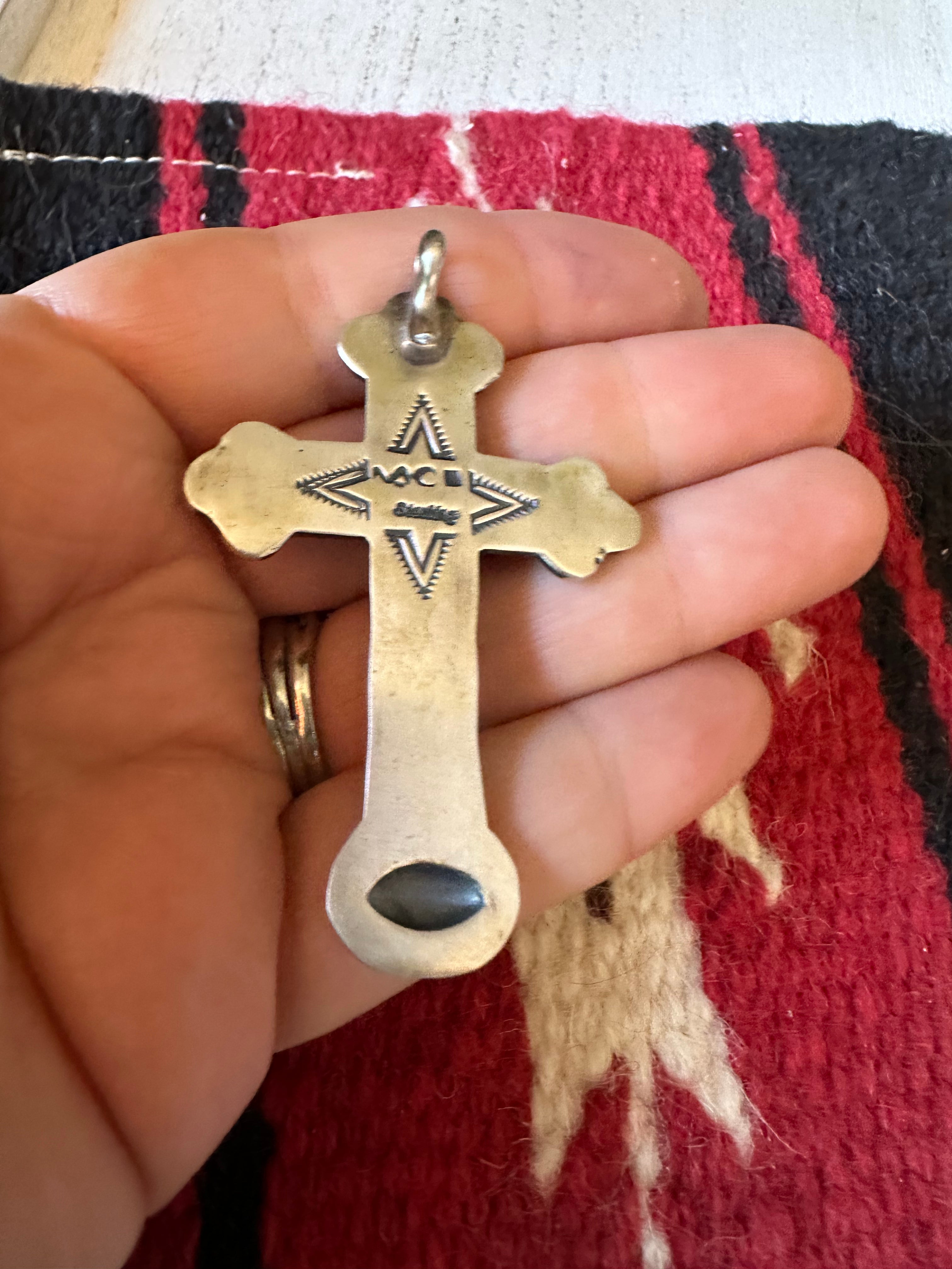 Beautiful Navajo Turquoise & Sterling Silver Cross Pendant Signed