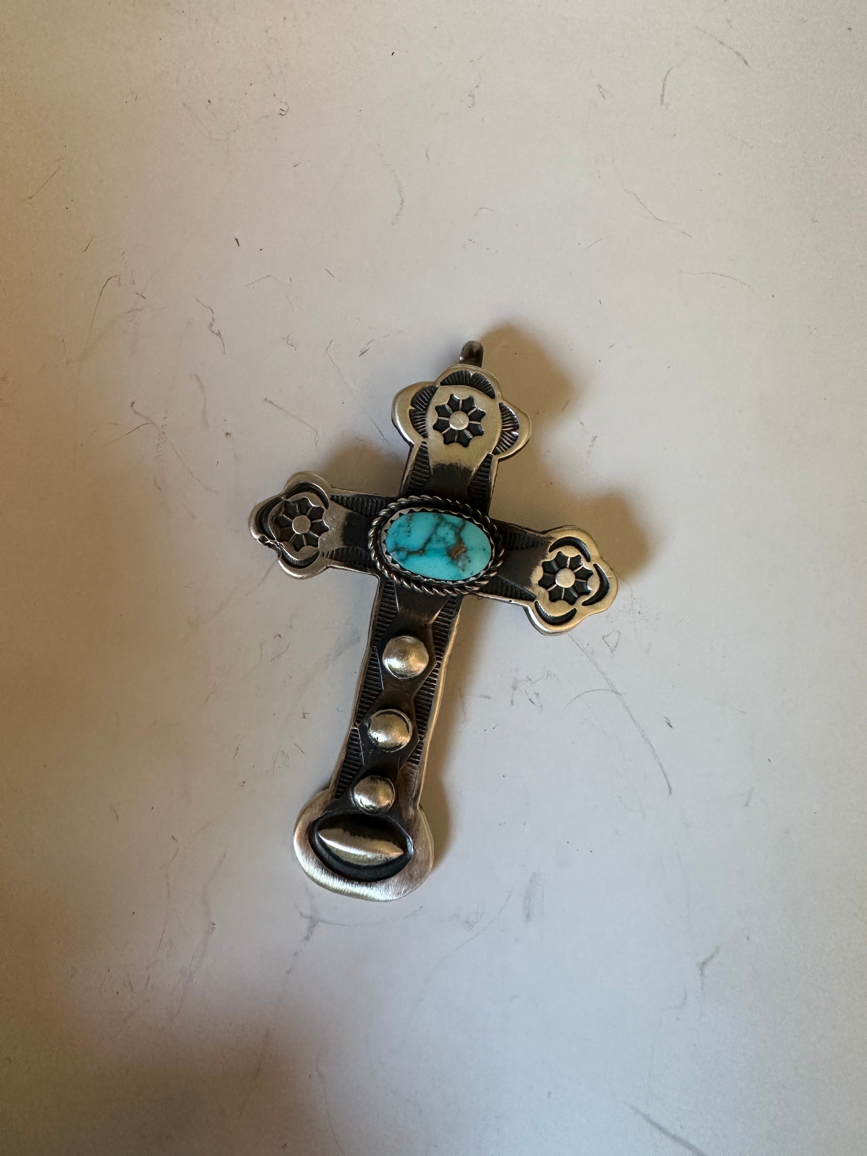 Beautiful Navajo Turquoise & Sterling Silver Cross Pendant Signed