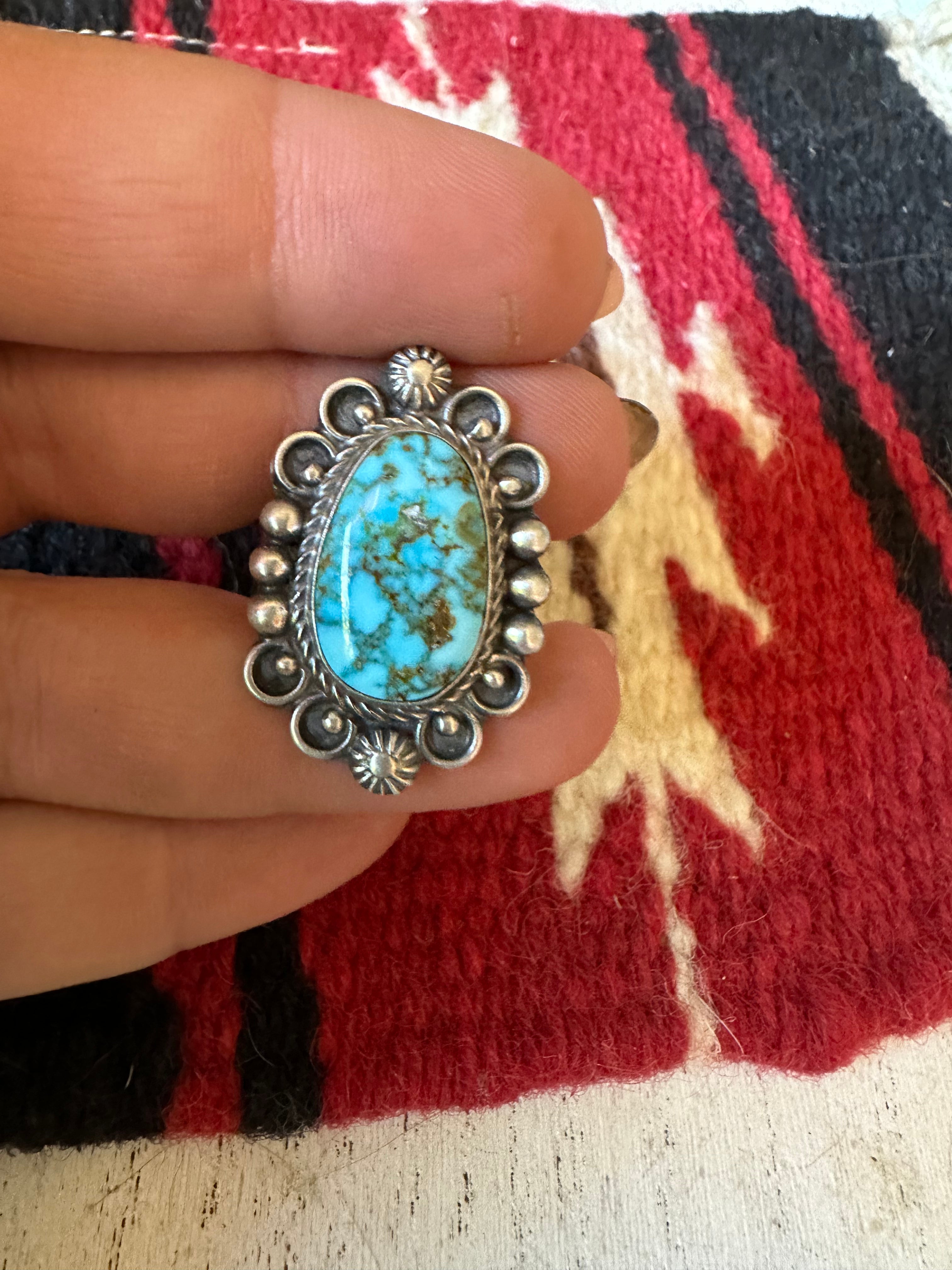 Navajo Sonoran Mountain Turquoise & Sterling Silver Single Stone Ring Size 7.5 Signed S.Tso