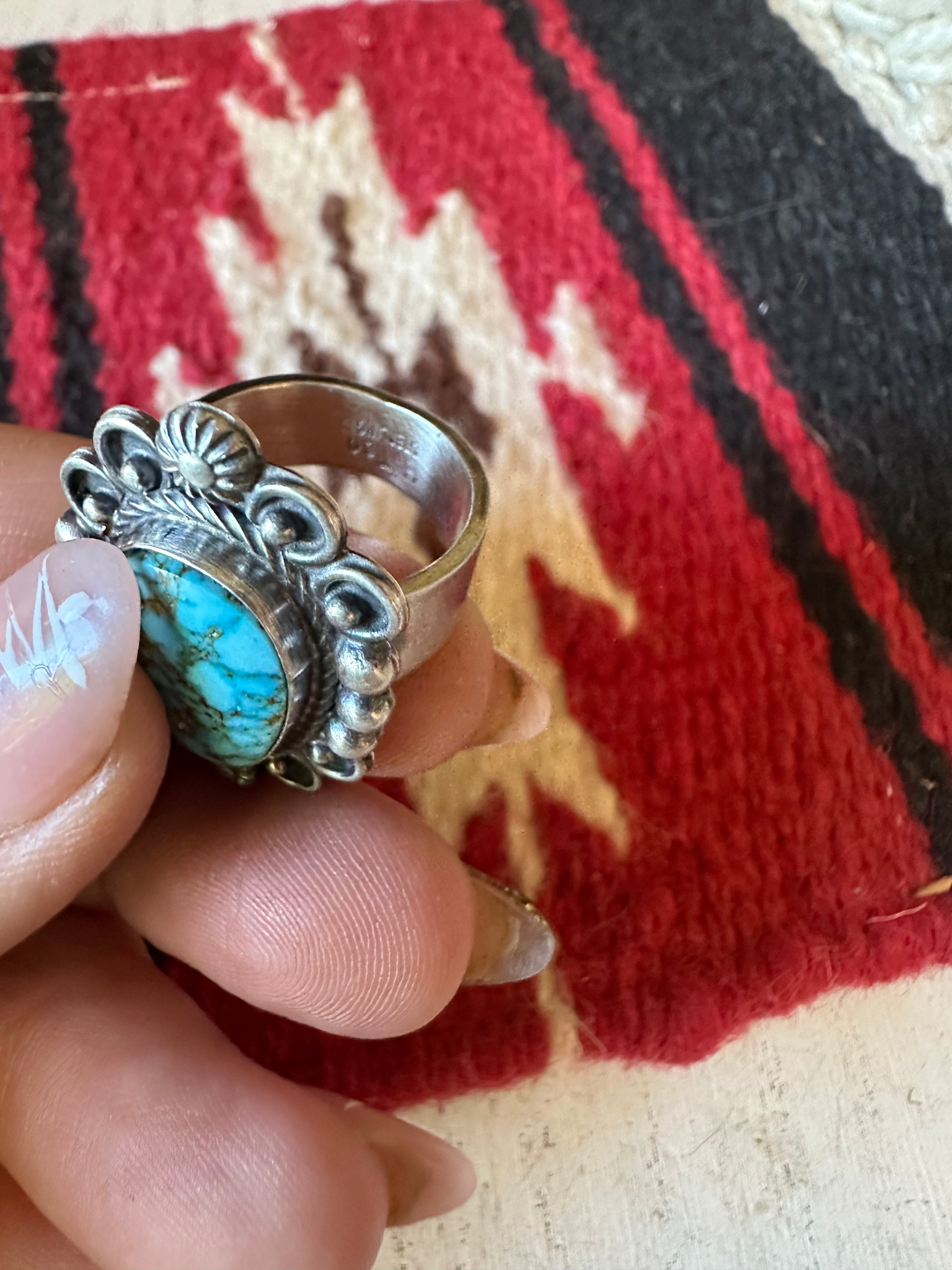 Navajo Sonoran Mountain Turquoise & Sterling Silver Single Stone Ring Size 7.5 Signed S.Tso