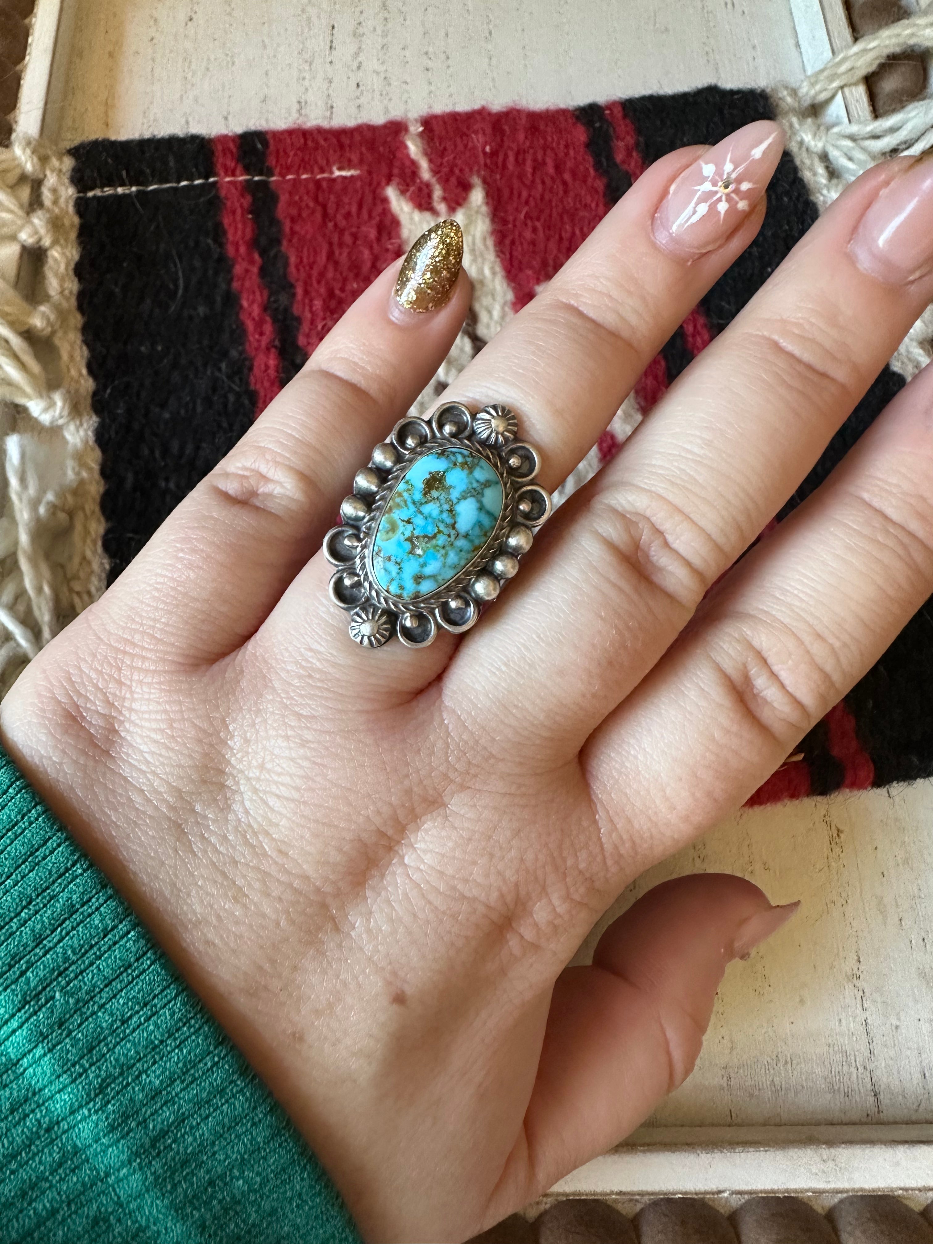 Navajo Sonoran Mountain Turquoise & Sterling Silver Single Stone Ring Size 7.5 Signed S.Tso