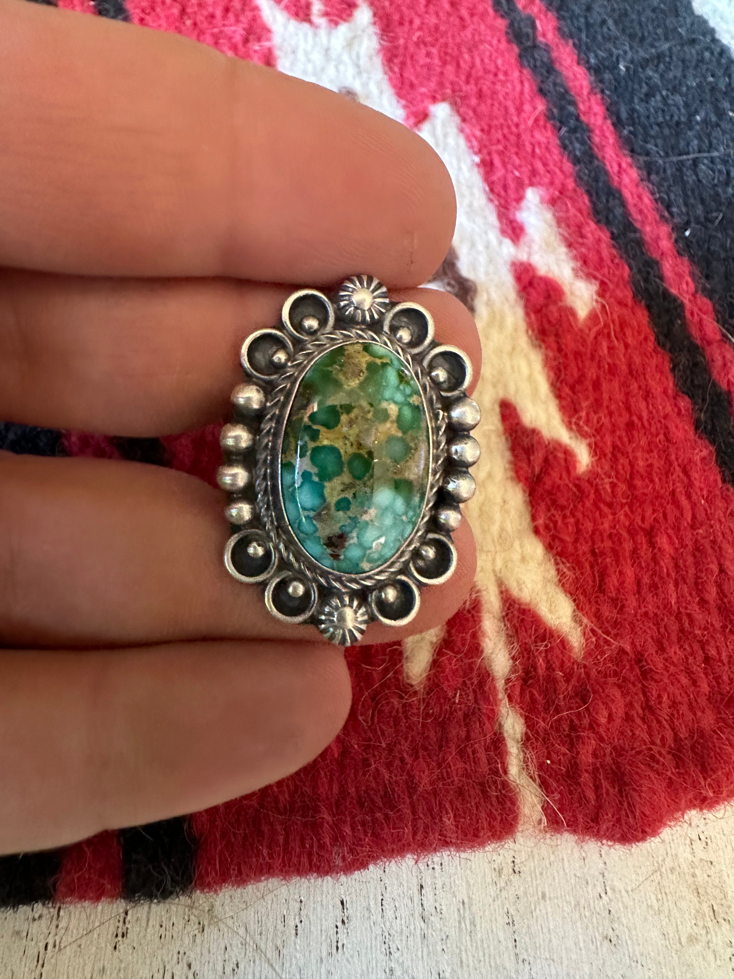Navajo Sonoran Mountain Turquoise & Sterling Silver Single Stone Ring Size 8.5 Signed S.Tso