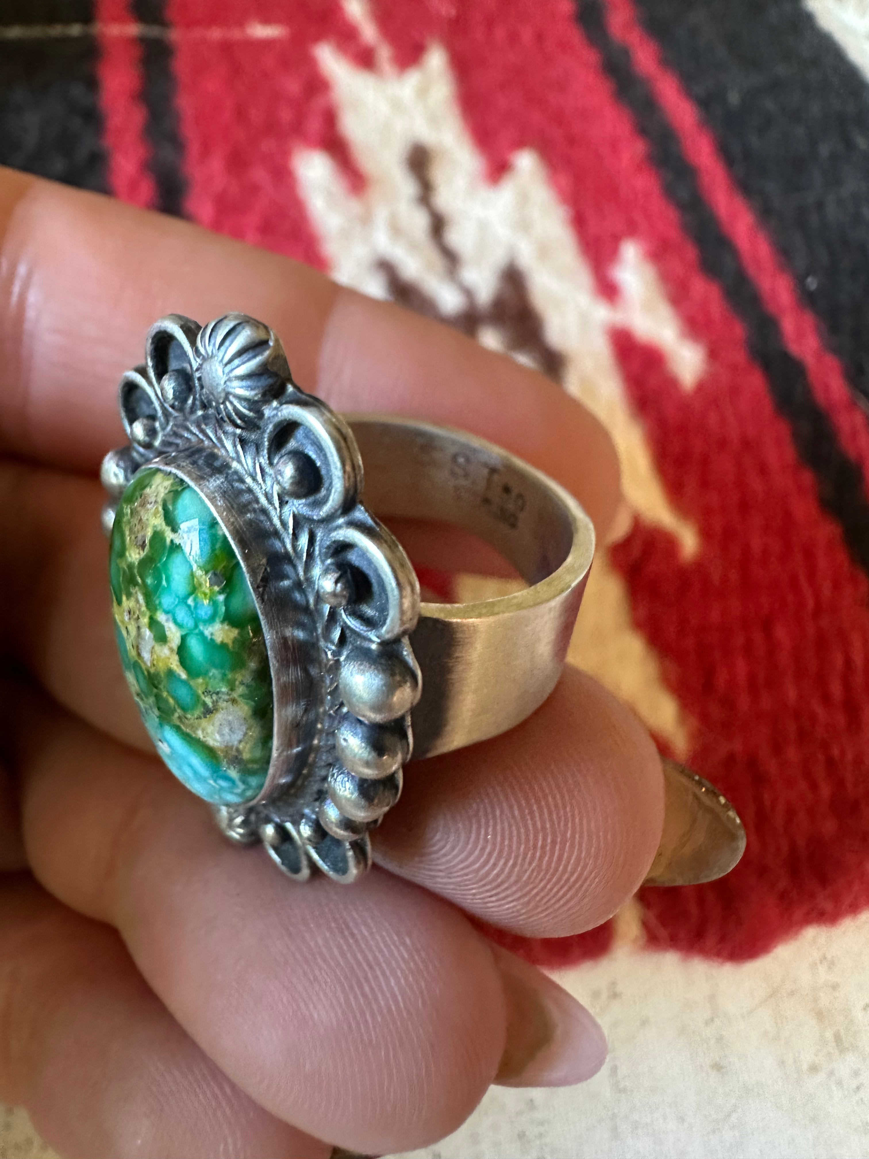 Navajo Sonoran Mountain Turquoise & Sterling Silver Single Stone Ring Size 8.5 Signed S.Tso