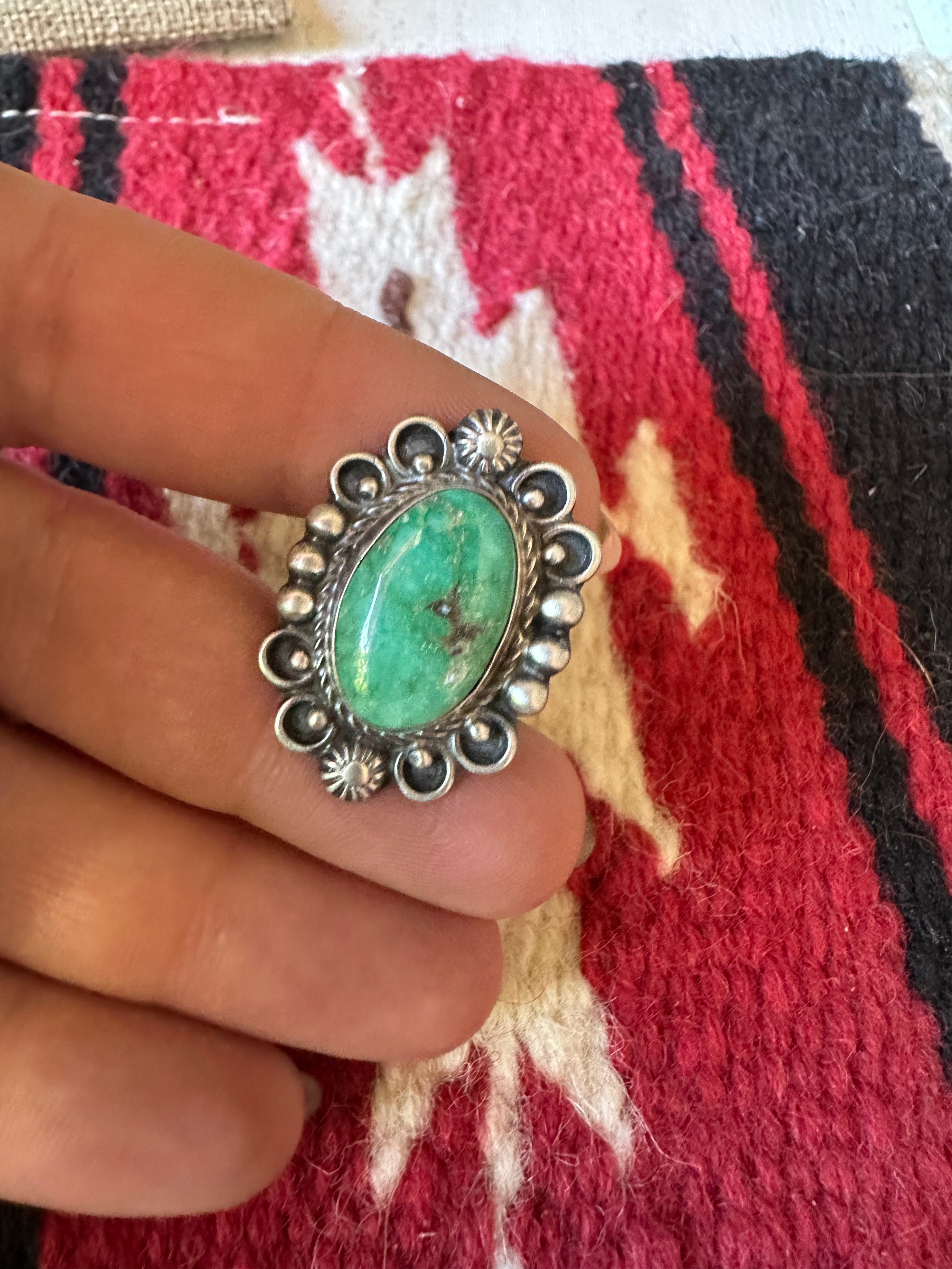 Navajo Sonoran Mountain Turquoise & Sterling Silver Single Stone Ring Size 8 Signed S.Tso