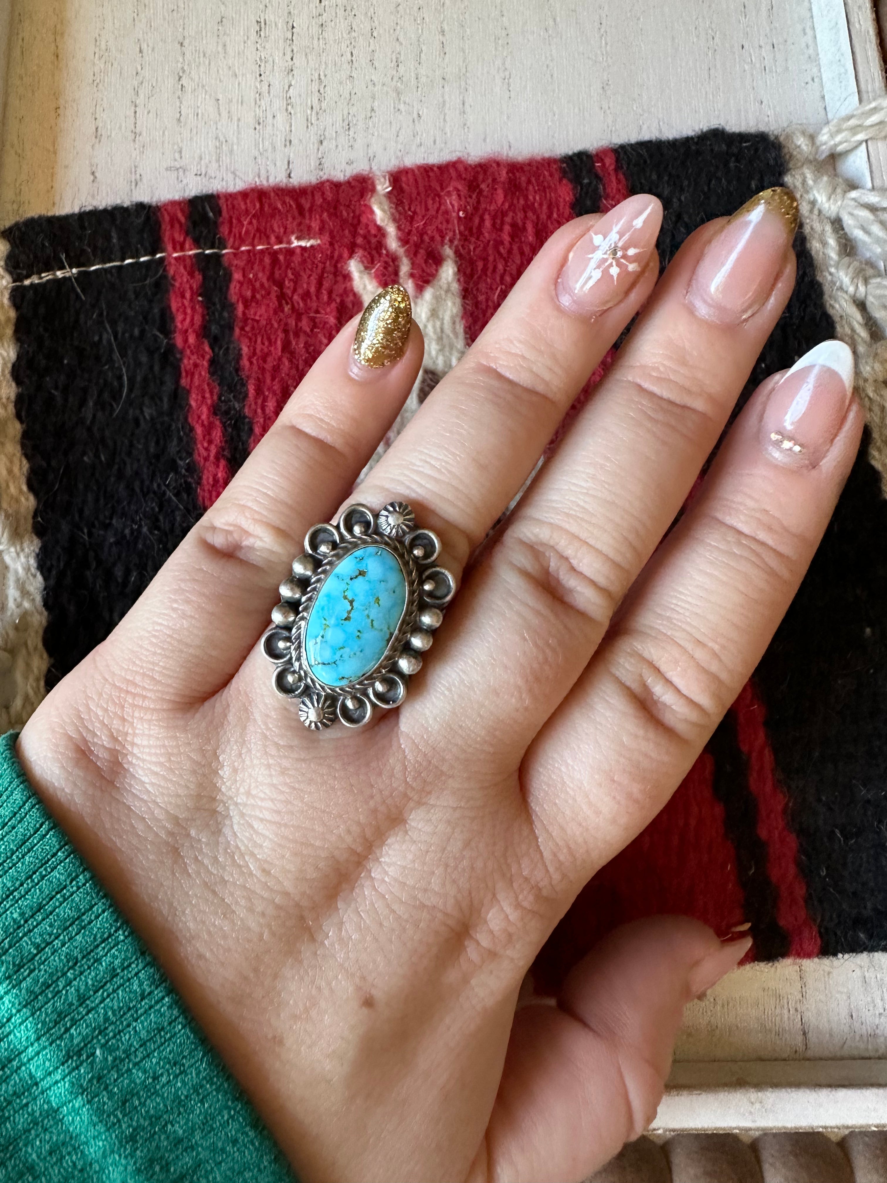 Navajo Sonoran Mountain Turquoise & Sterling Silver Single Stone Ring Size 8 Signed S.Tso