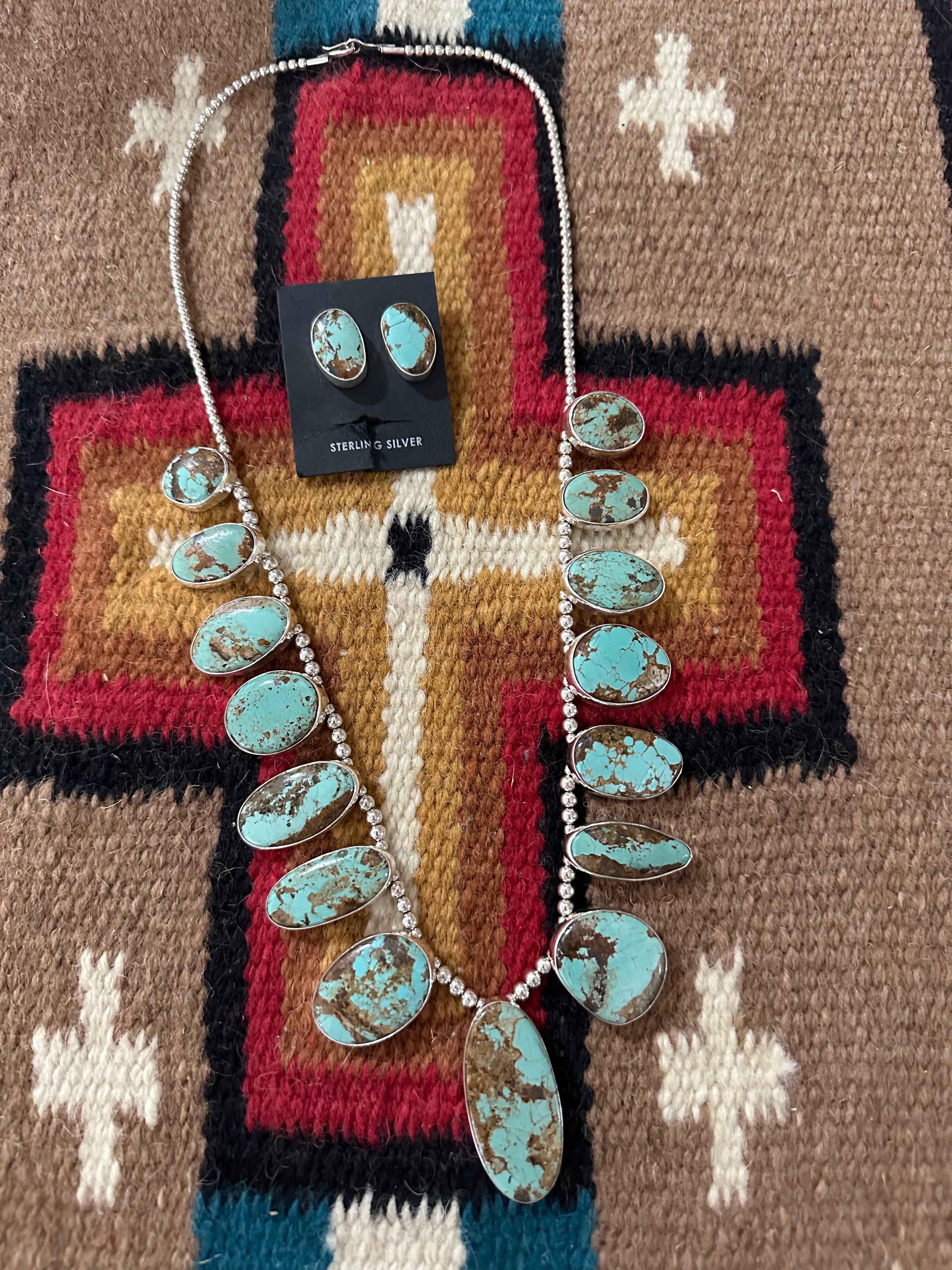 Navajo Number 8 Turquoise & Sterling Silver Necklace Earrings Set Signed