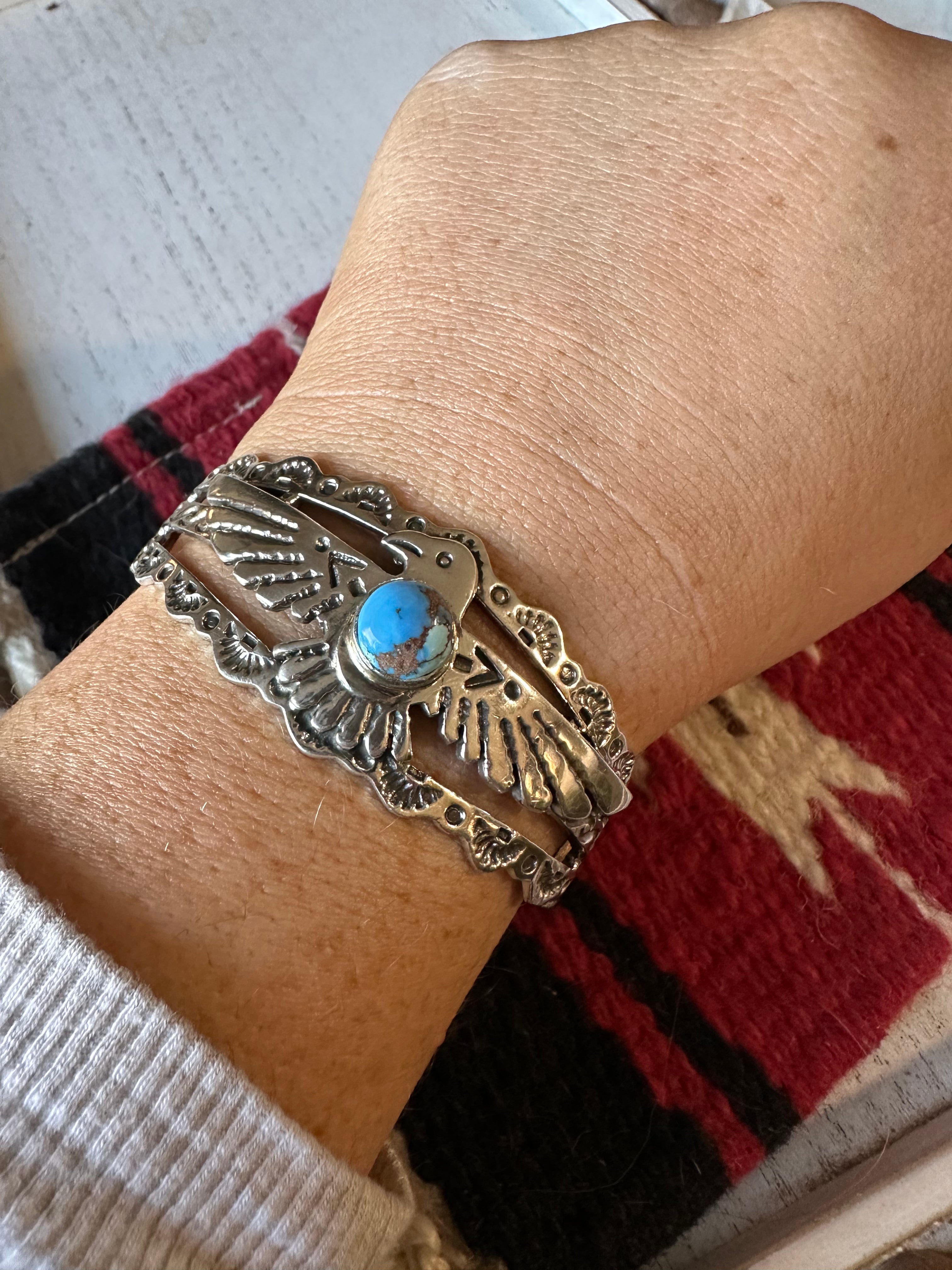 Handmade Sterling Silver Golden Hills Turquoise Thunderbird Cuff Style 1