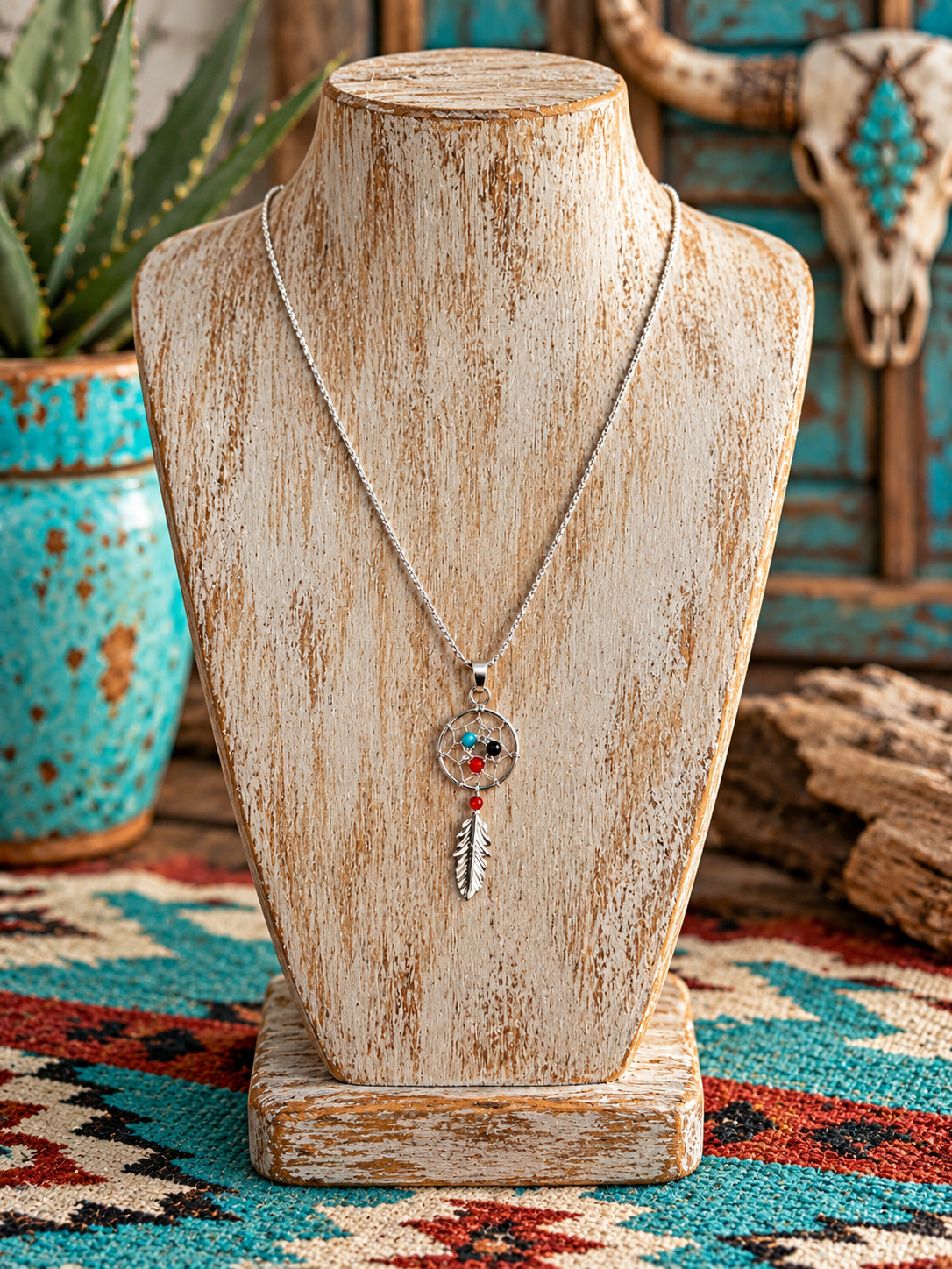 Southwestern Dreamcatcher Feather Multi Stone Pendant Sterling Silver Necklace