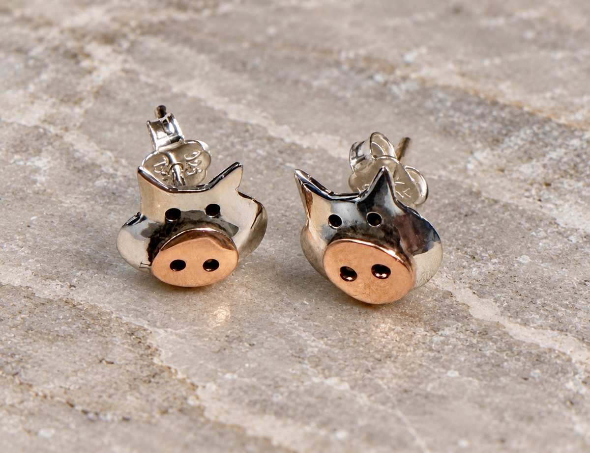 Copper & Sterling Silver Piggy Stud Post Earrings