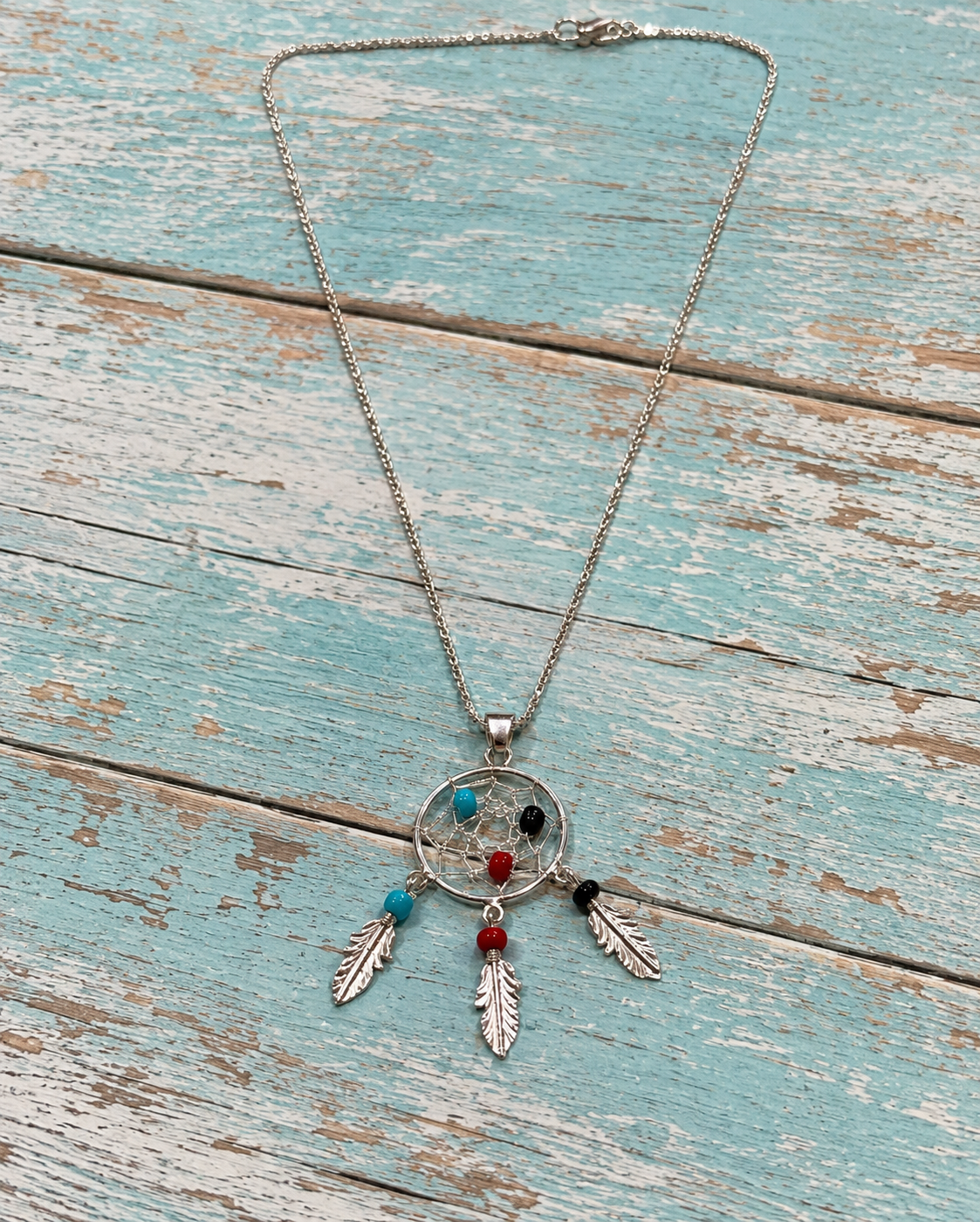 Southwestern Dreamcatcher Feather Multi Stone Pendant Sterling Silver Necklace- Larger