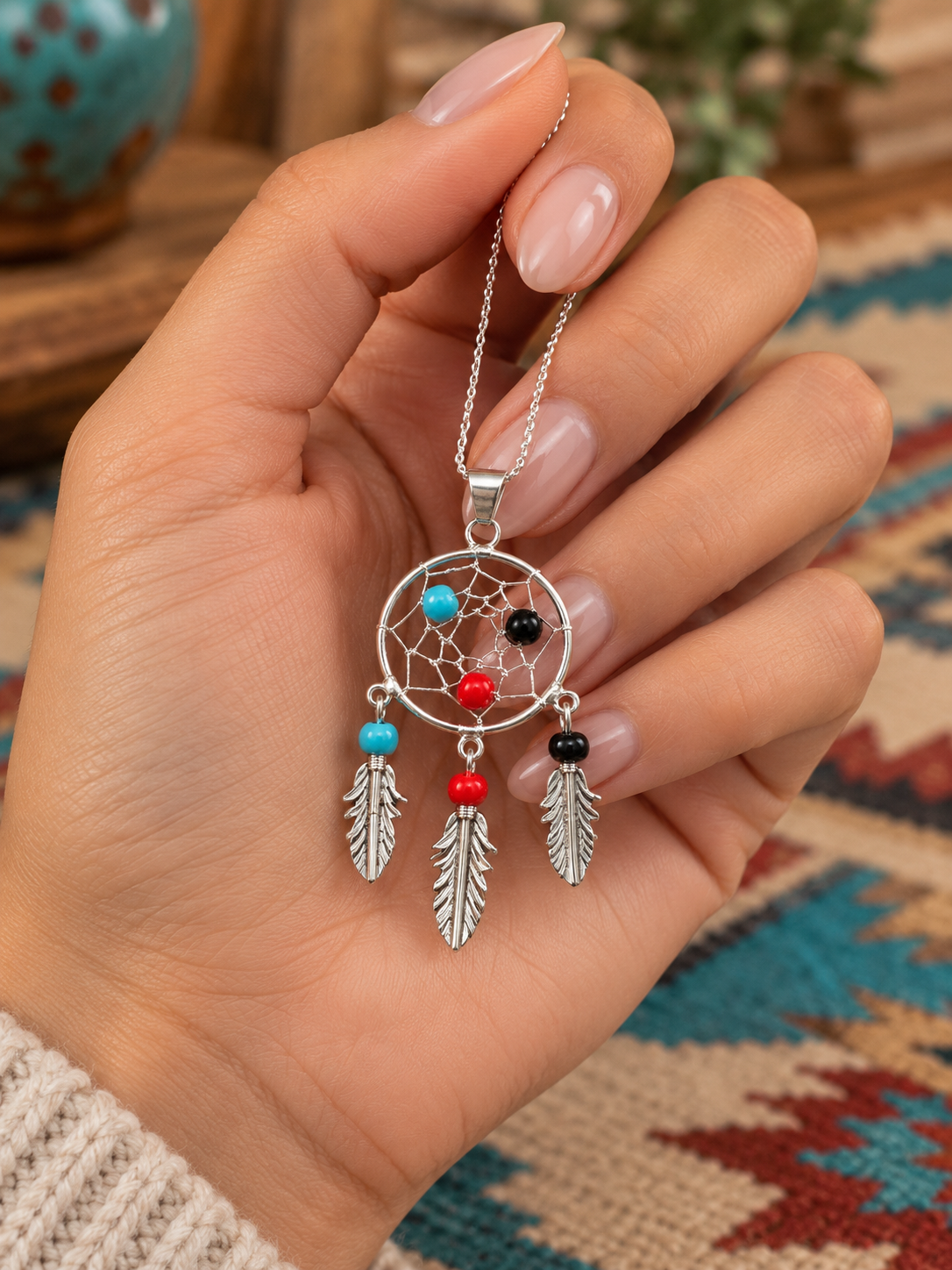 Southwestern Dreamcatcher Feather Multi Stone Pendant Sterling Silver Necklace- Larger