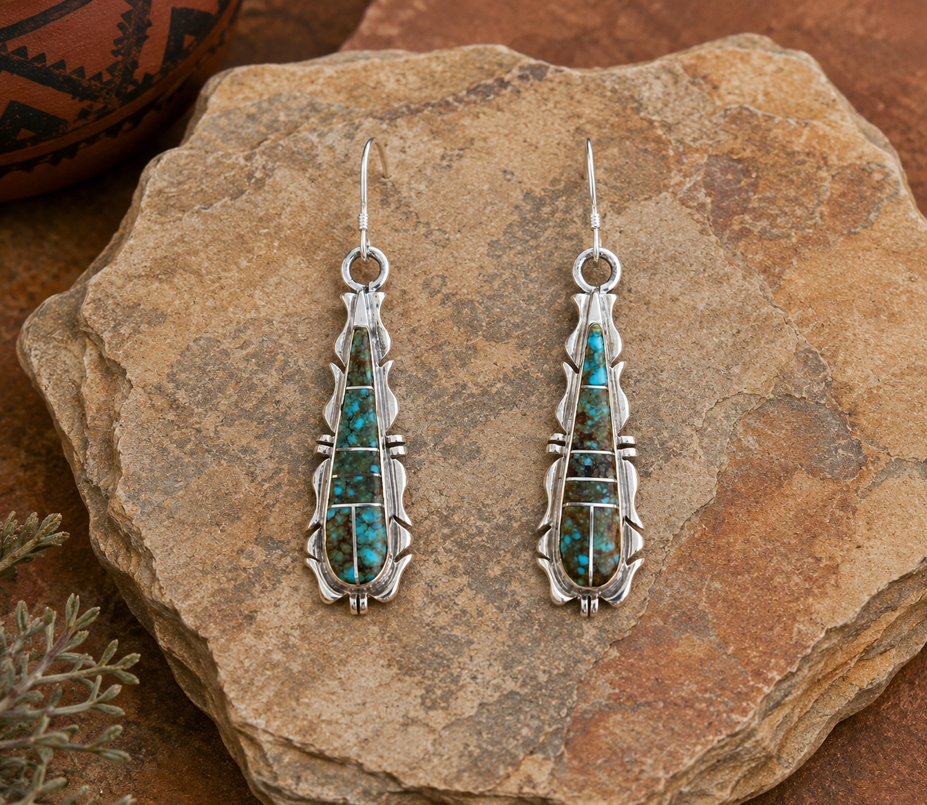 Handcrafted Turquoise 8 & Sterling Silver Jagged Club Dangle Earrings