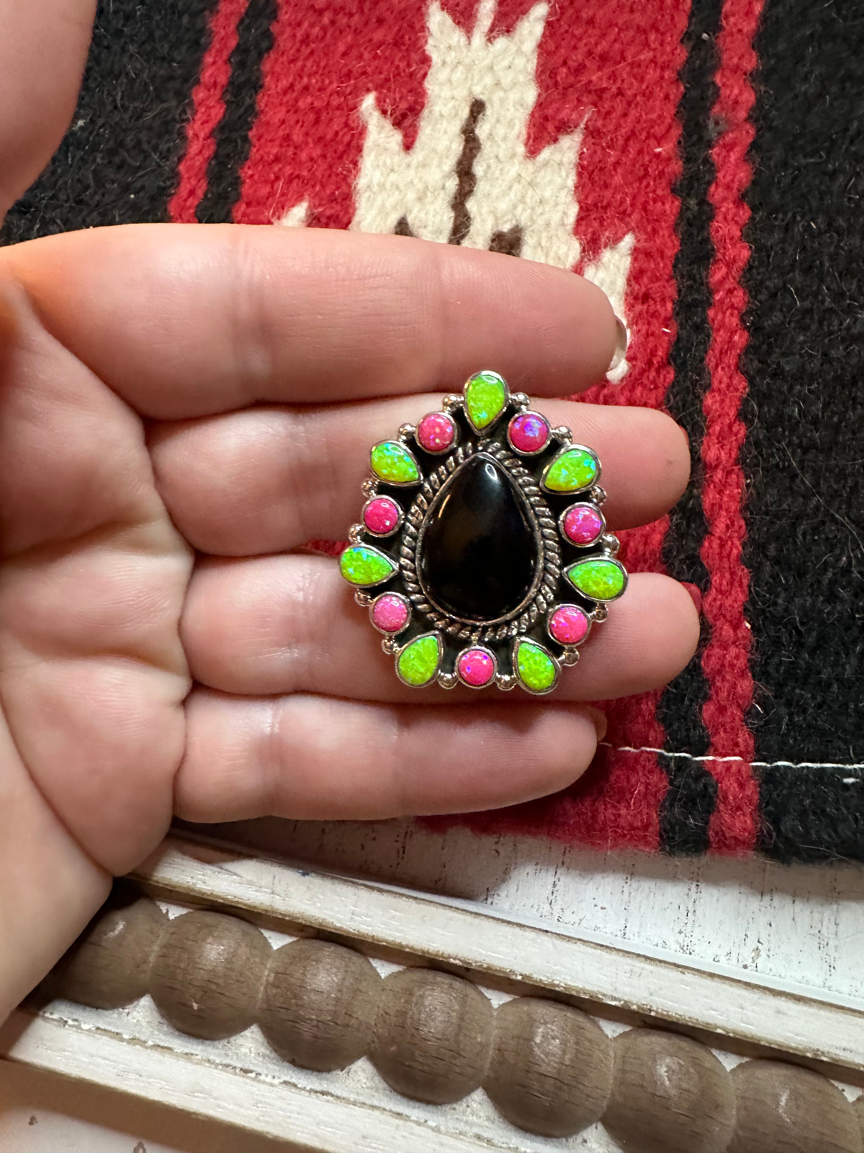 Nizhoni Handmade Adjustable Black Onyx, Pink & Green Fire Opal & Sterling Silver Ring