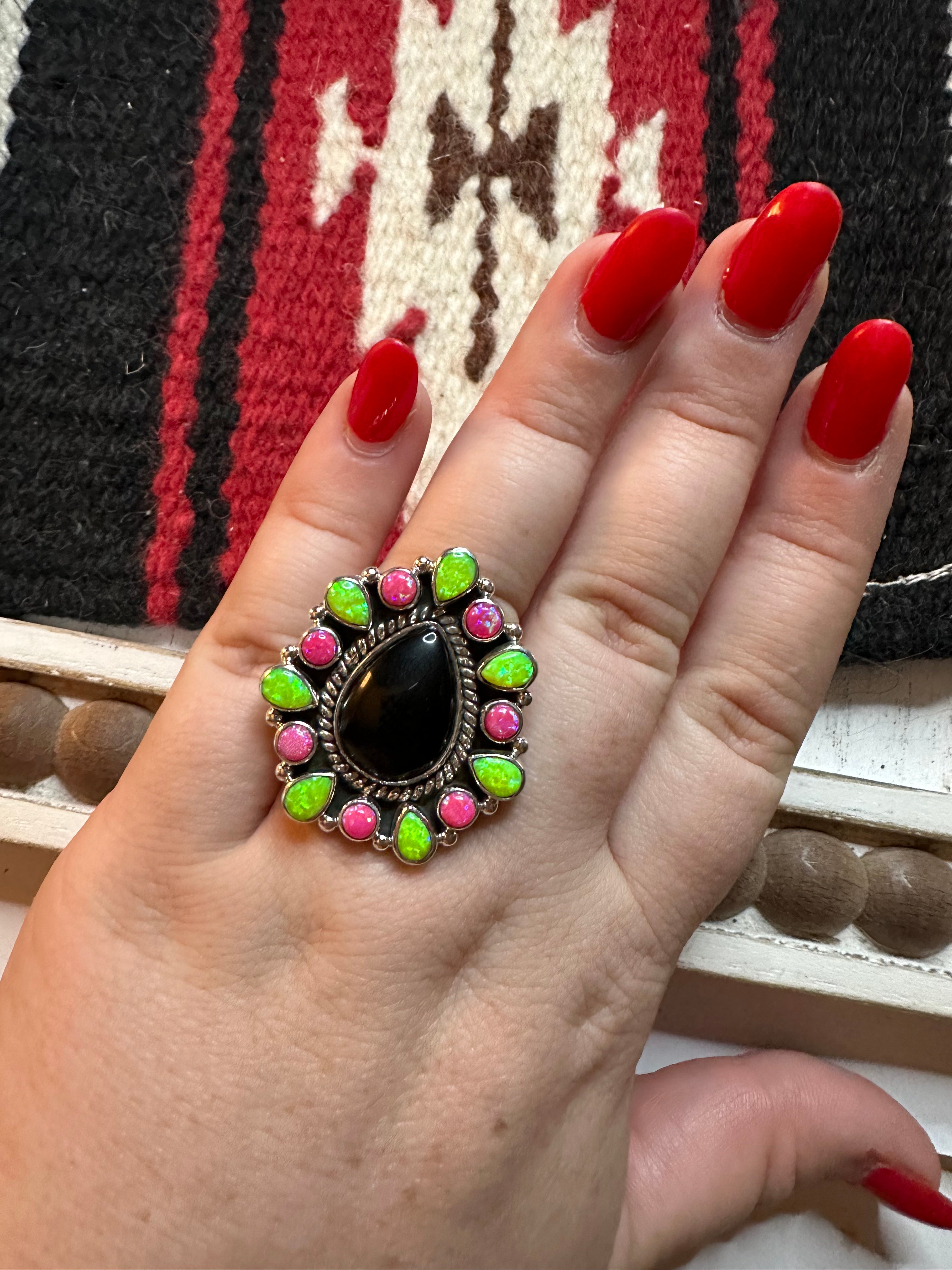 Nizhoni Handmade Adjustable Black Onyx, Pink & Green Fire Opal & Sterling Silver Ring