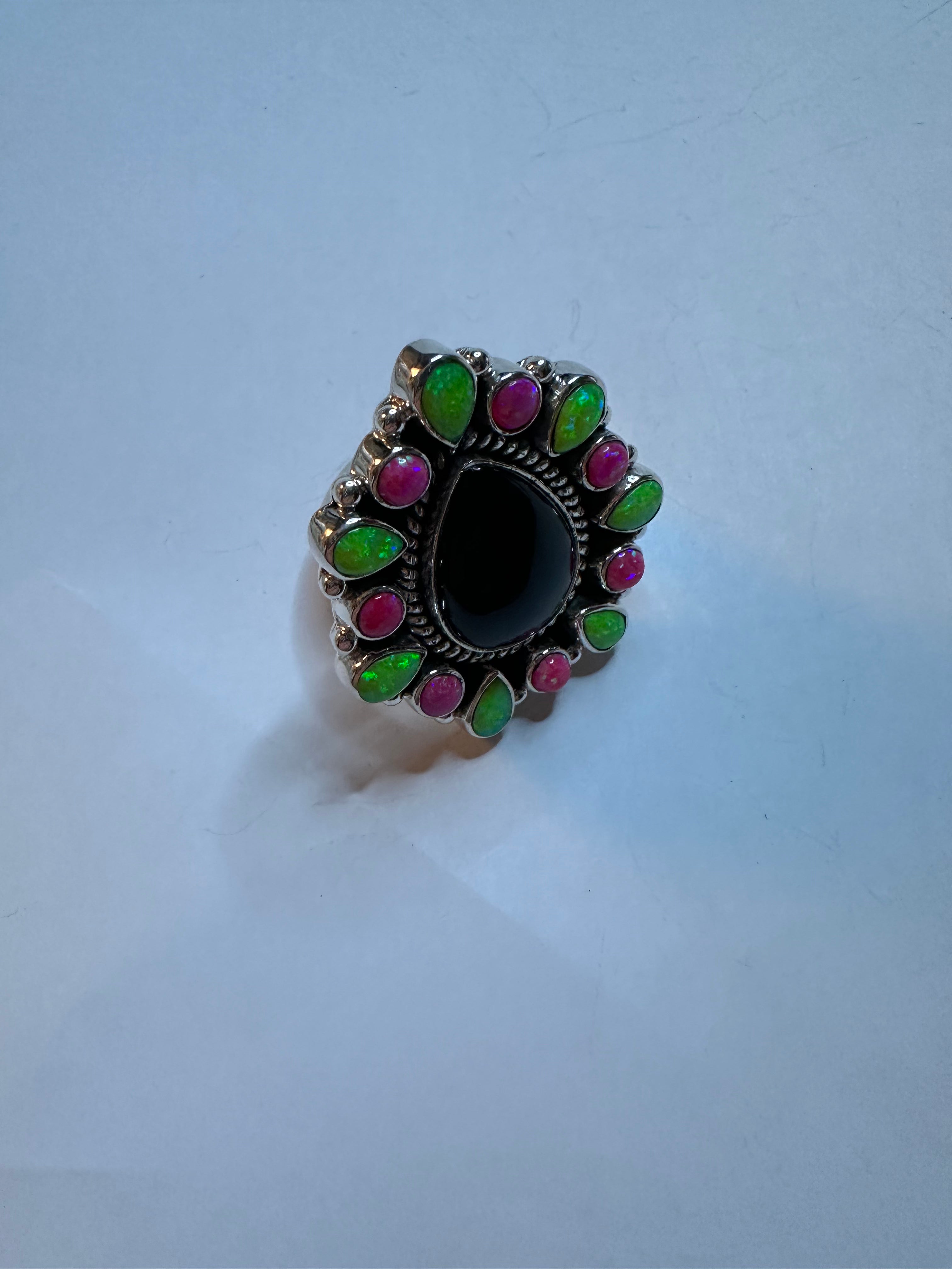 Nizhoni Handmade Adjustable Black Onyx, Pink & Green Fire Opal & Sterling Silver Ring