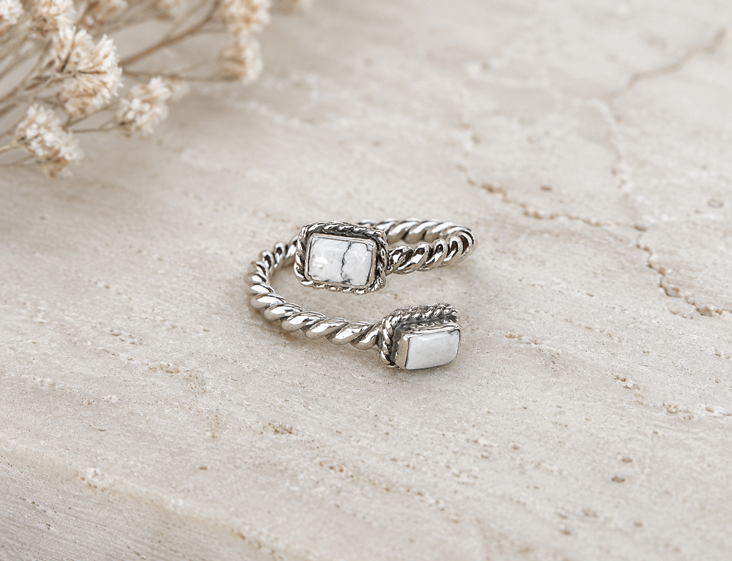 White Buffalo Two Stone & Sterling Silver Adjustable Ring