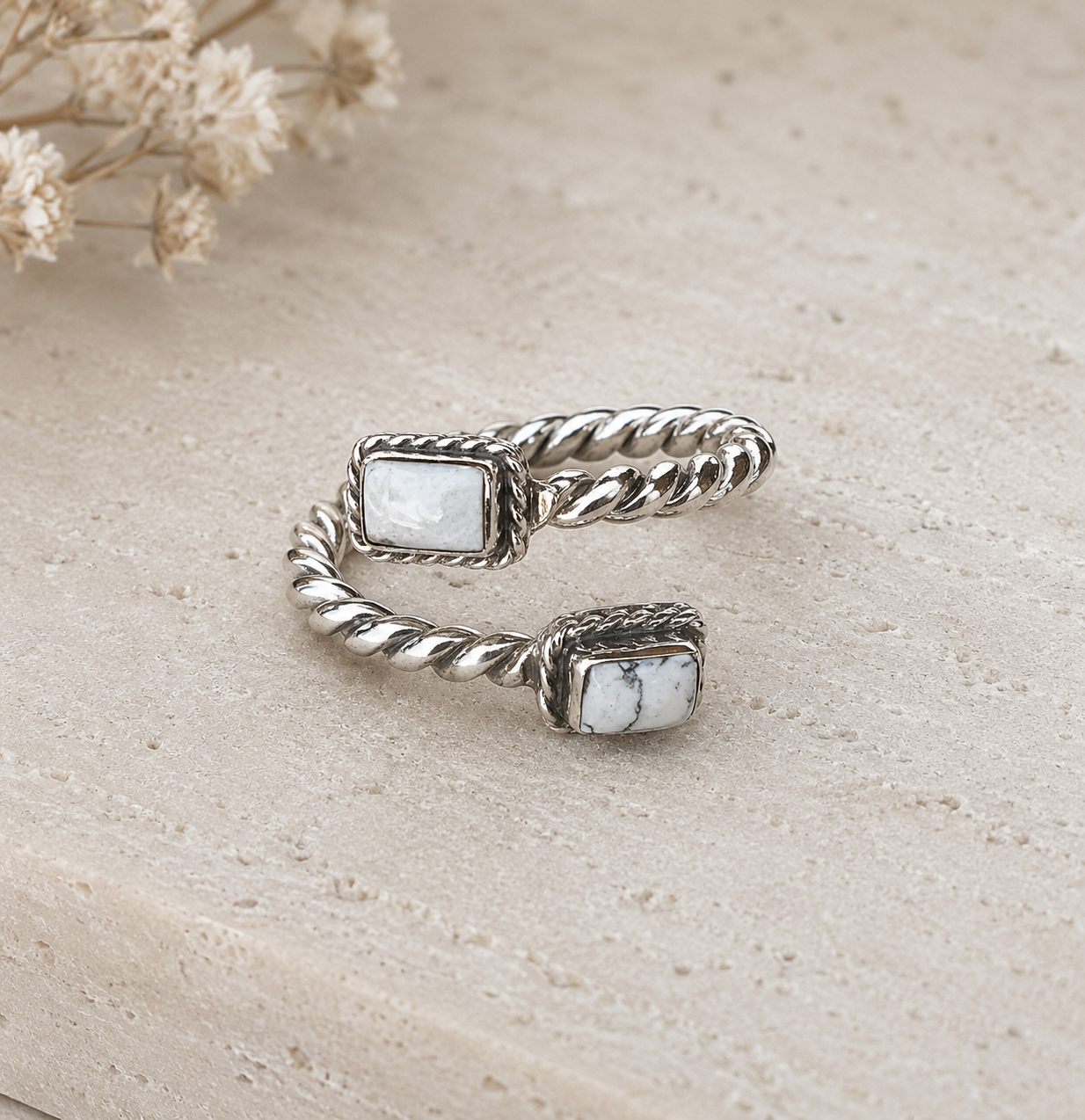 White Buffalo Two Stone & Sterling Silver Adjustable Ring