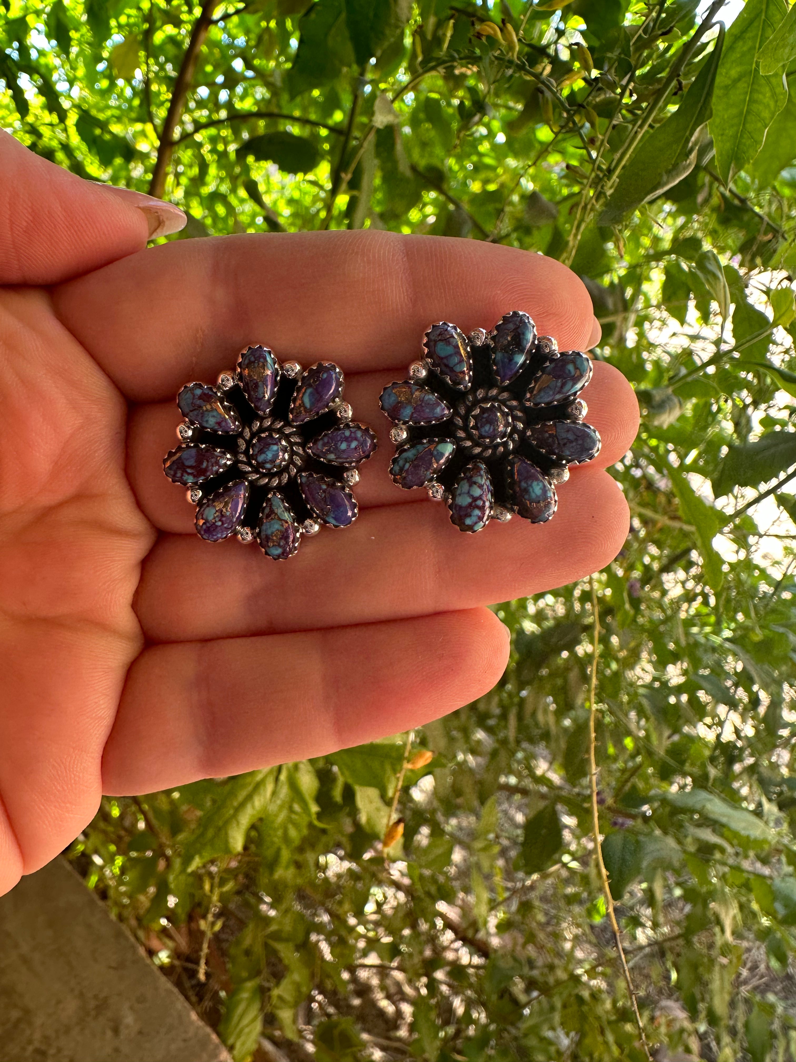 Nizhoni Handmade Purple Dream Mojave & Sterling Silver Flower Earrings